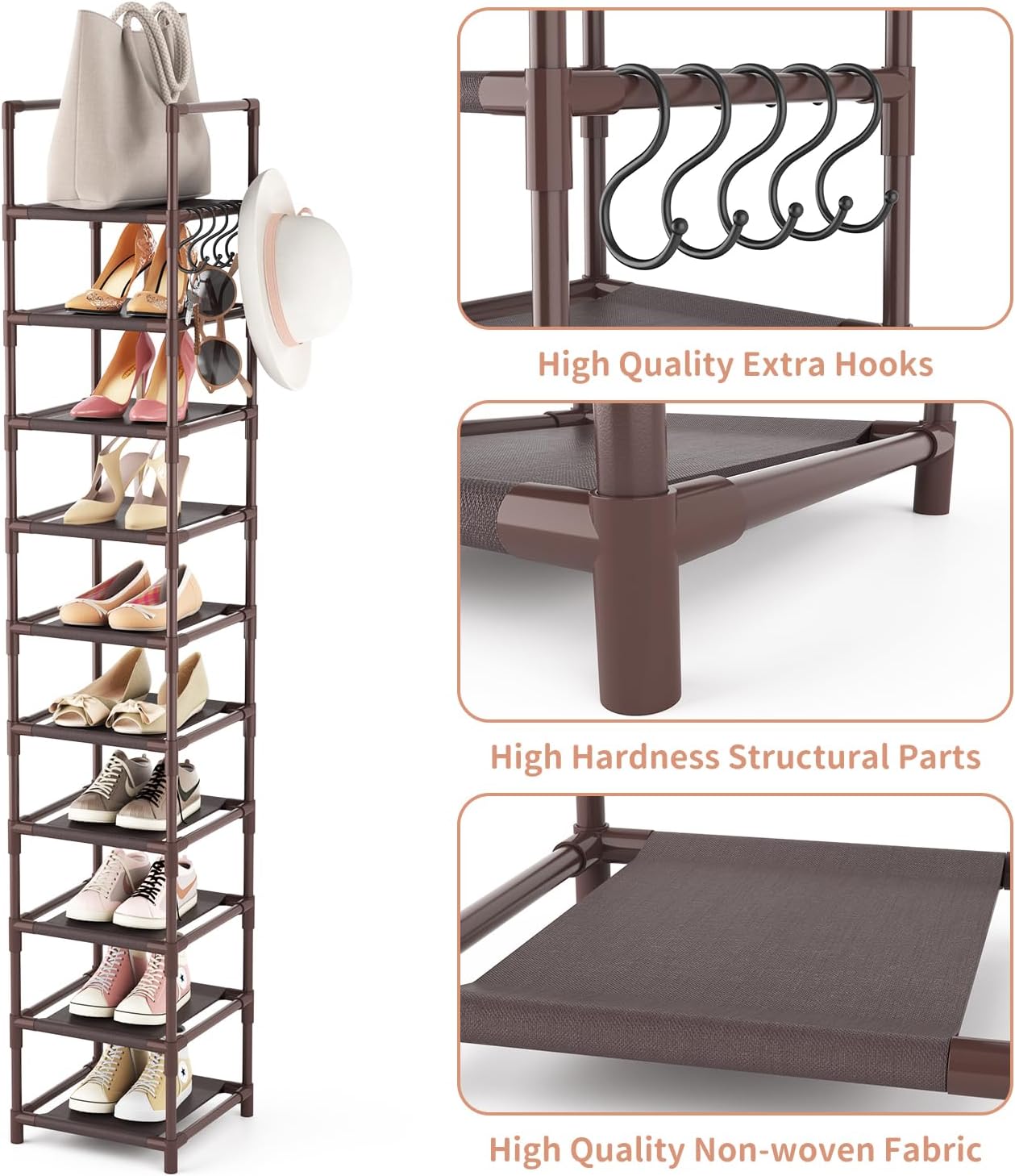 LANTEFUL 10-Tier Tall Narrow Shoe Rack Storage Organizer for Closets Entryways Dorms Brown