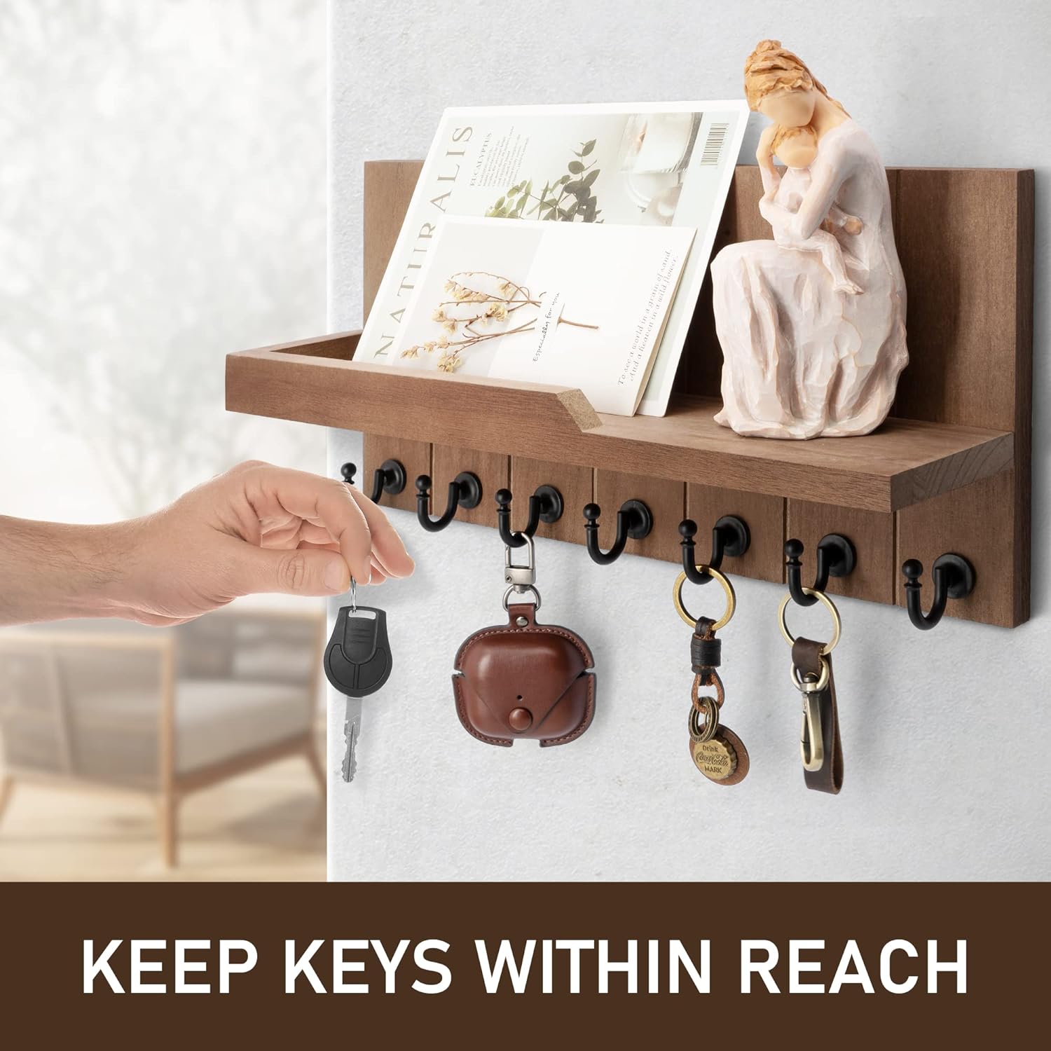 Rebee Vision Key Holder for Wall - Farmhouse Rustic Mail Organizer with 7 Sturdy Key Hooks Retro Brown