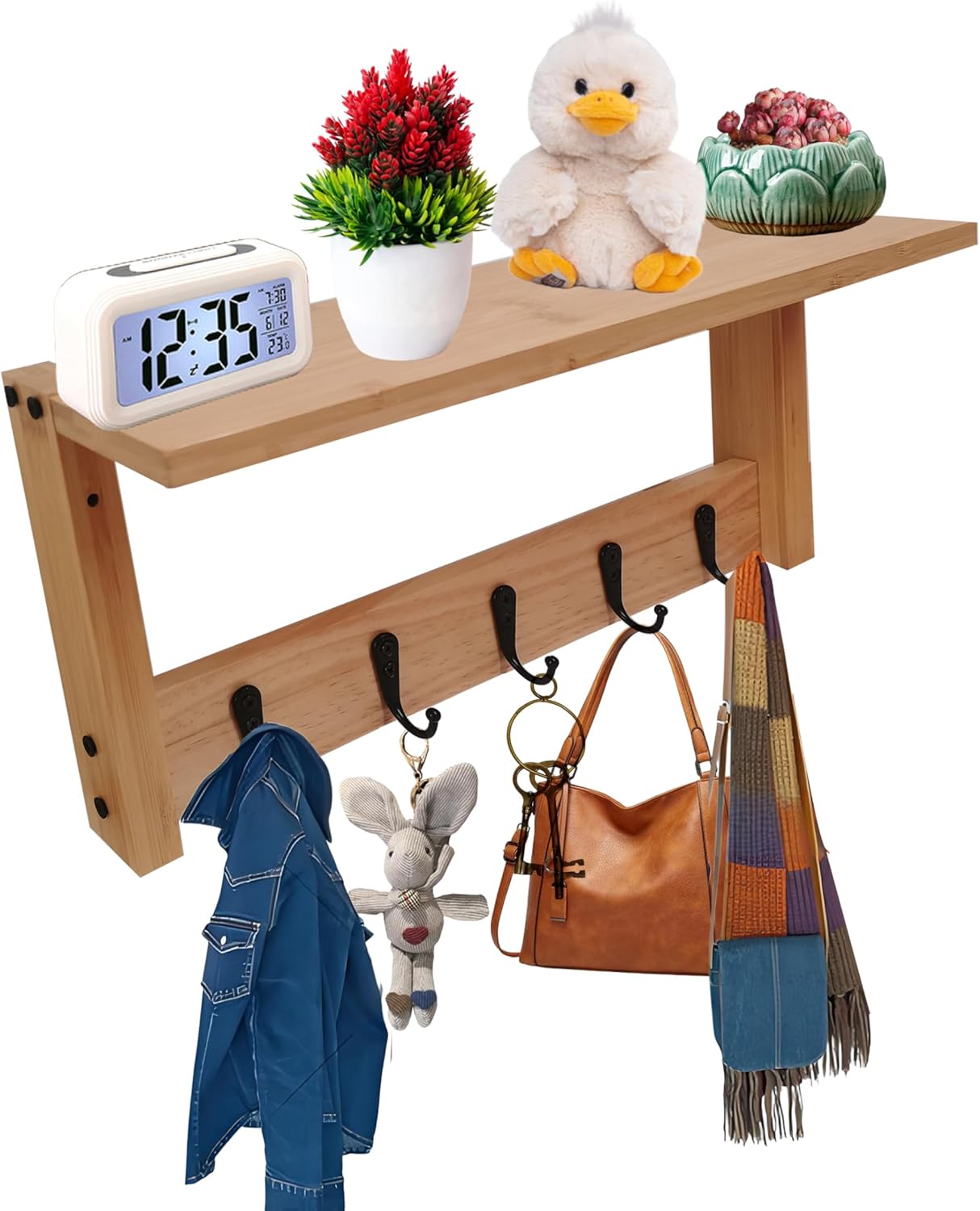 Wall Shelf with Hooks - Multi-Purpose Coat Rack and Key Holder