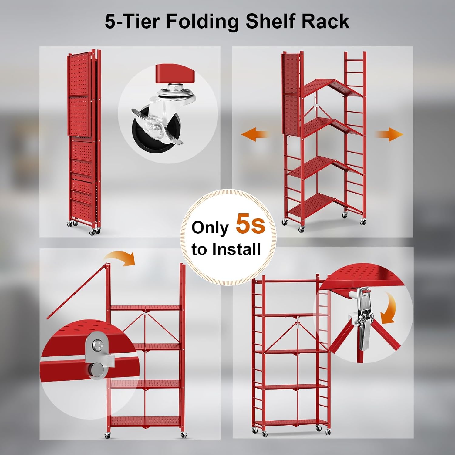 Himix 5-Tier Foldable Storage Shelves with 20 Hooks Red
