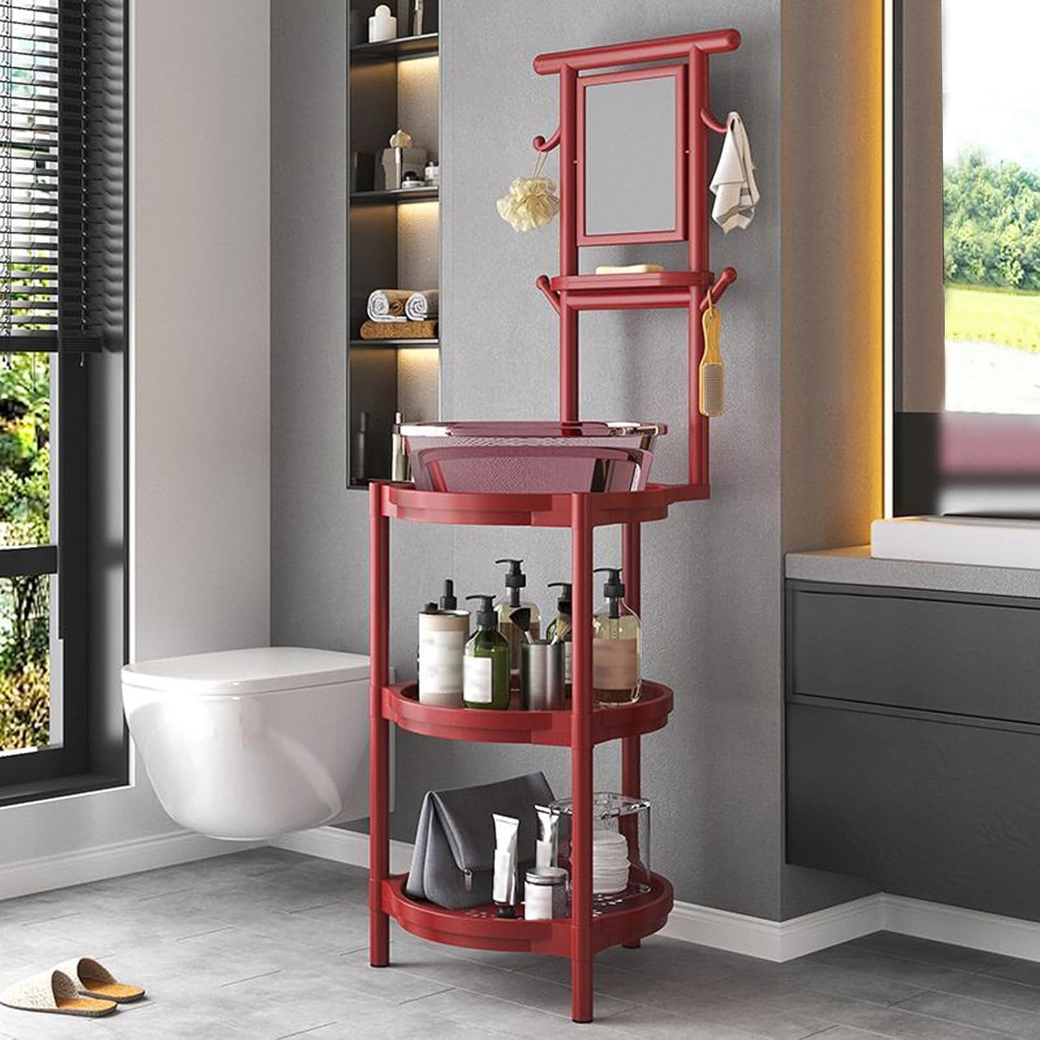 Round Square Bathroom Storage Shelf with Rotatable Mirror