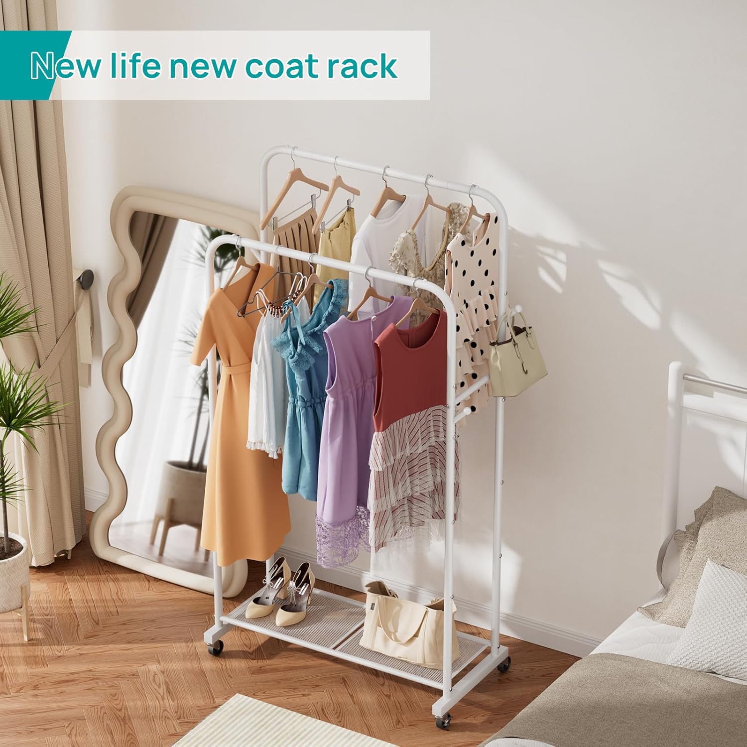 SINGAYE Freestanding Metal Garment Rack with Wheels for Hanging Clothes