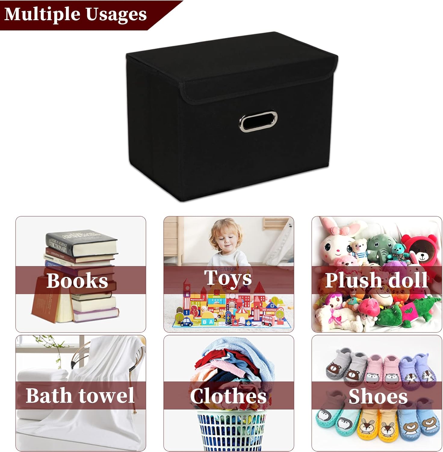 STOREONE Foldable Storage Bins with Lids and Handles 3 Pcs Black