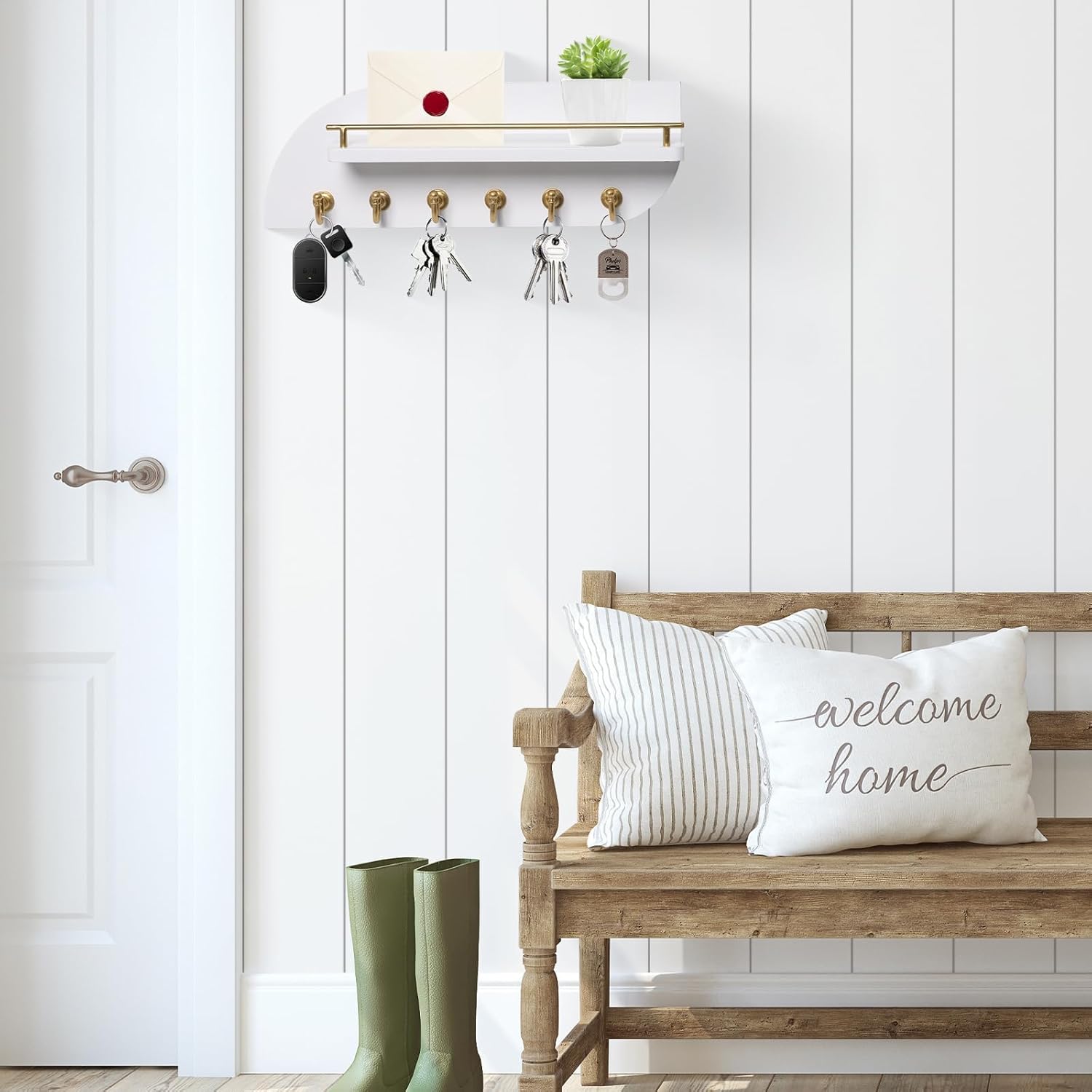 Karisky Key Holder for Wall Decorative Key and Mail Organizer with 6 Sturdy Metal Hooks and Floating Shelf