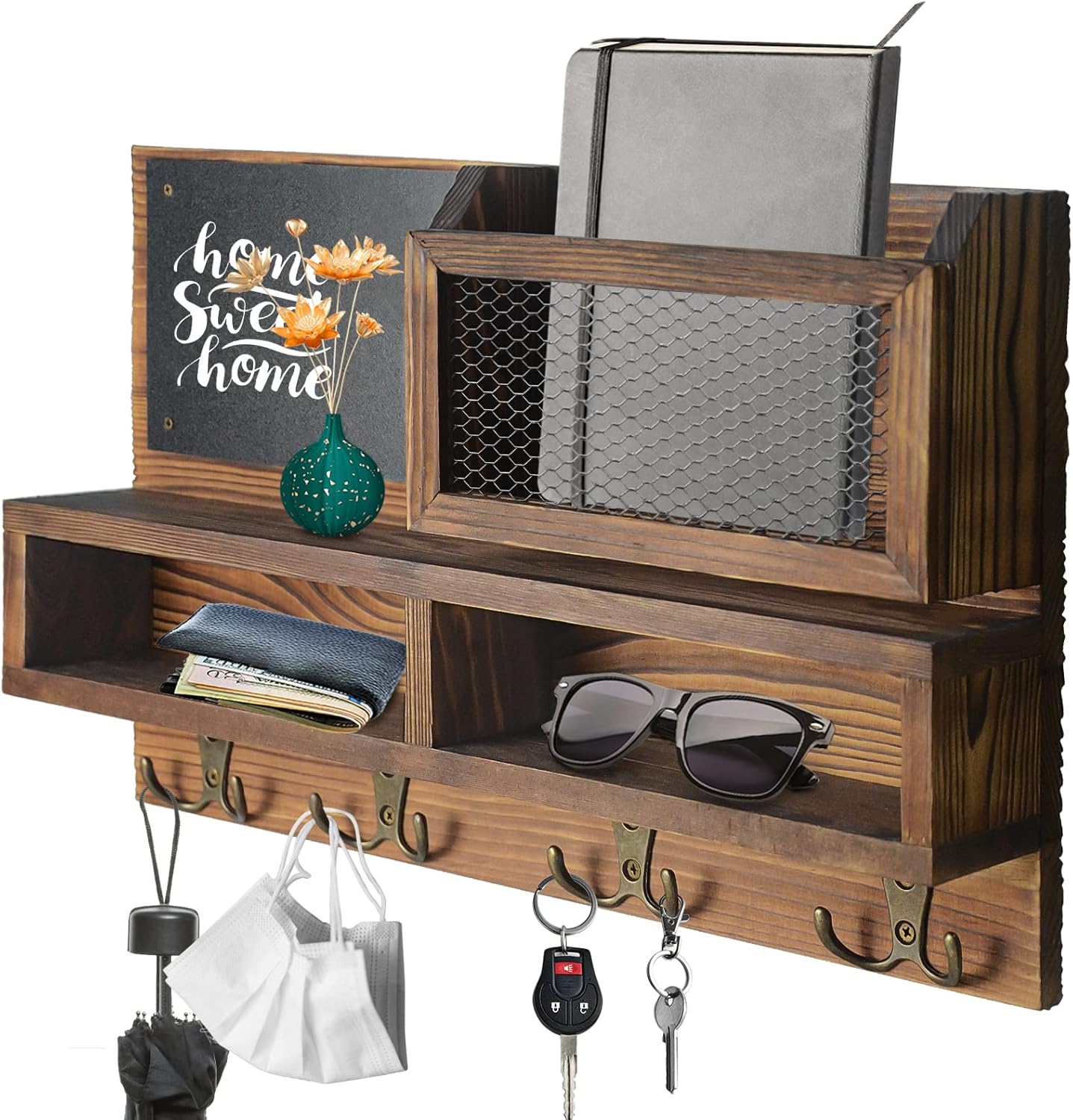 WEWEOW Key Holder Wall Mount with 4 Hooks and Chalkboard