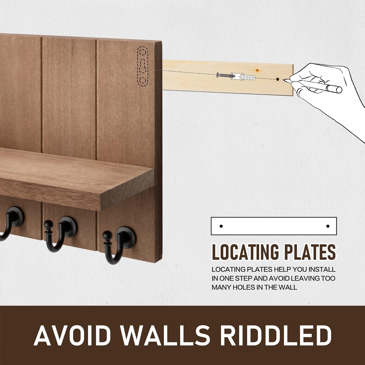 Rebee Vision Key Holder for Wall - Farmhouse Rustic Mail Organizer with 7 Sturdy Key Hooks Retro Brown