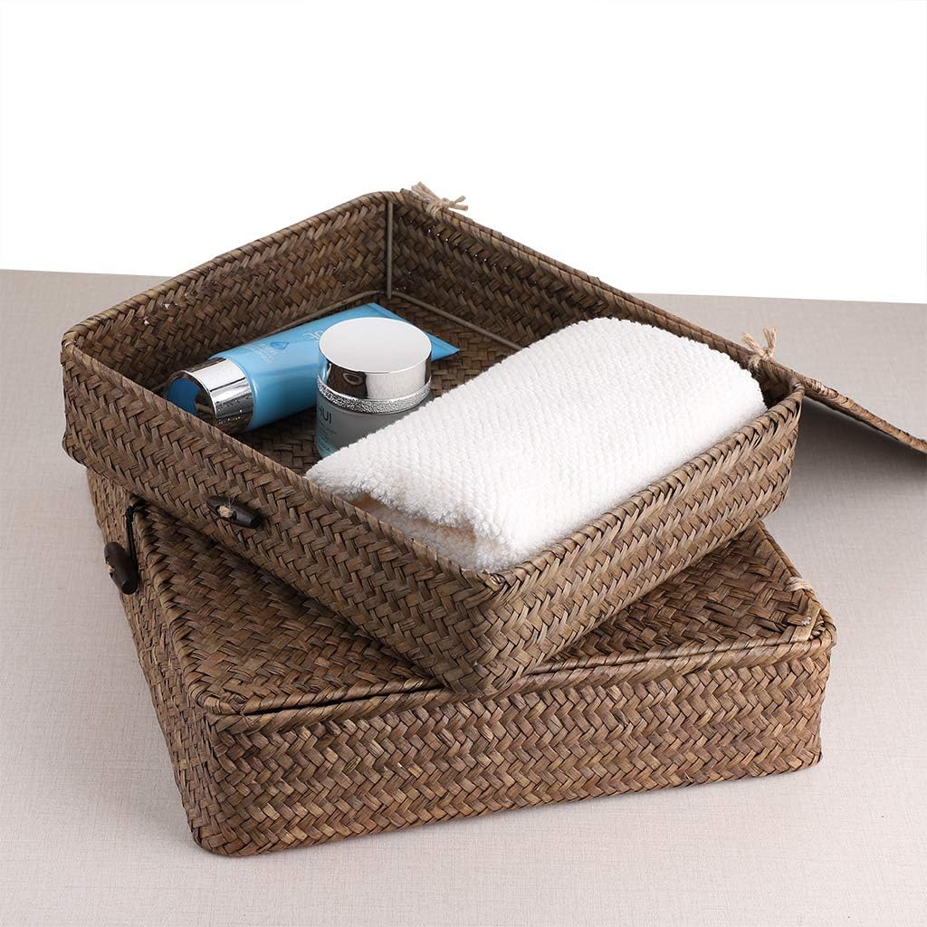 Hipiwe Set of 2 Flat Woven Seagrass Storage Bins with Lid