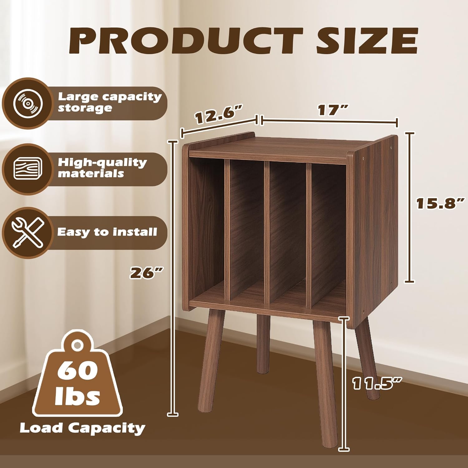 Mid Century Modern Record Player Stand with 4 Cabinets