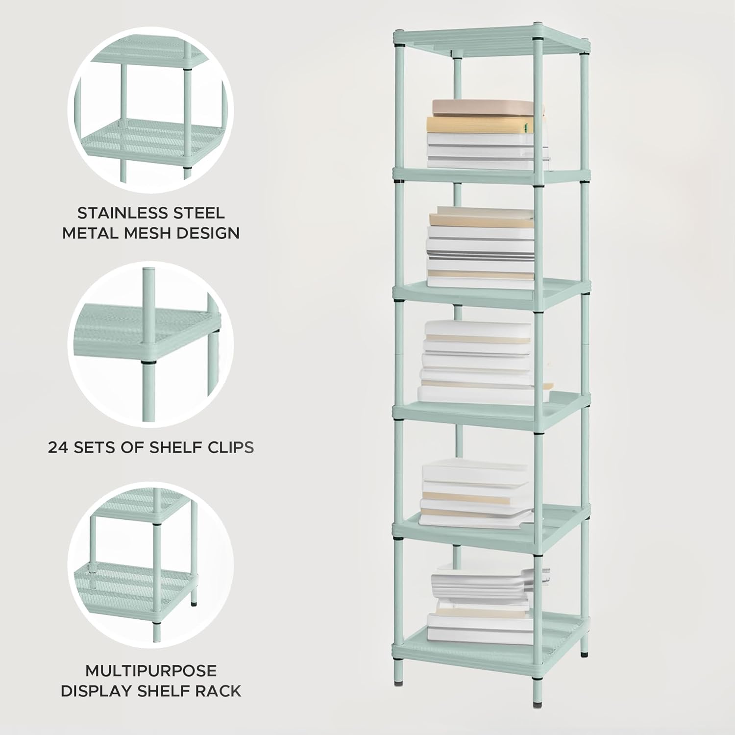 Design Ideas 6 Tier Narrow Metal Storage Shelving Tower Sage Green