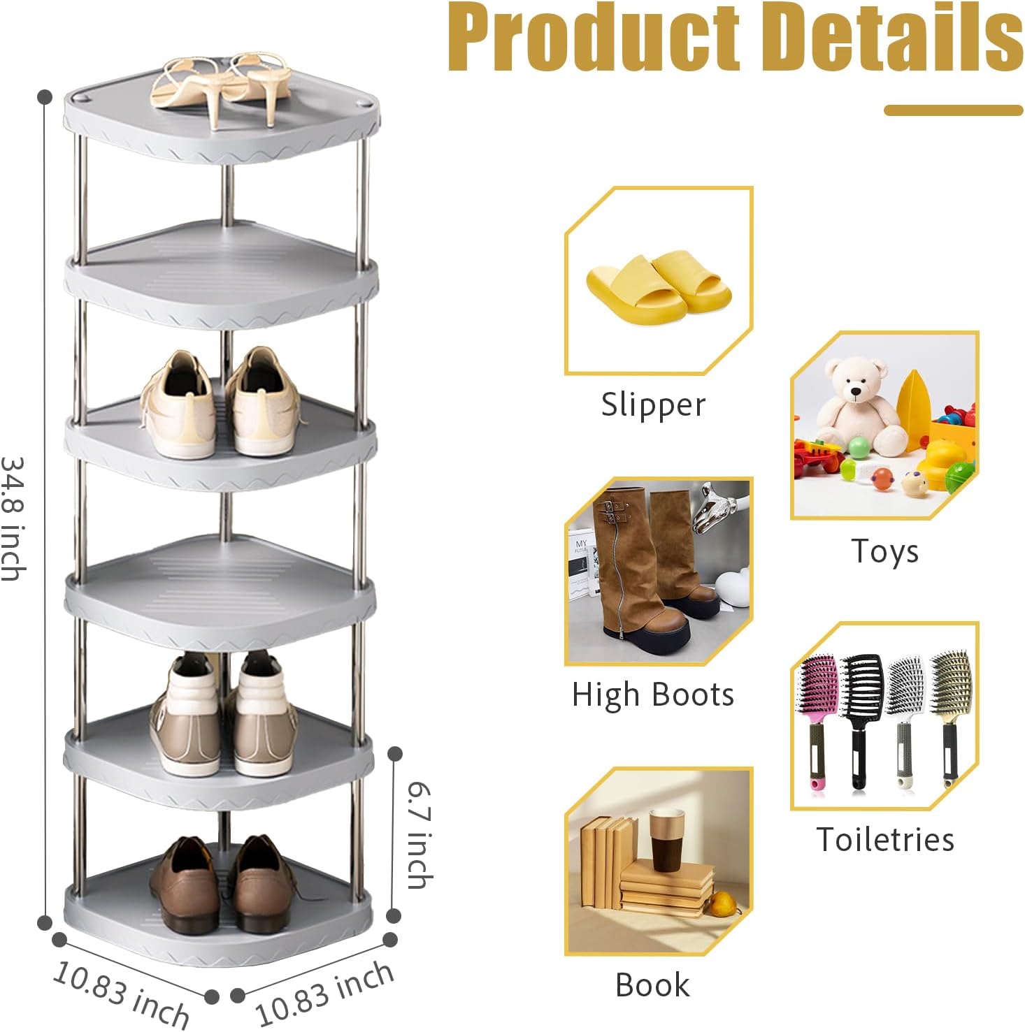 6 Tier Adjustable Free Standing Shoe Rack Gray