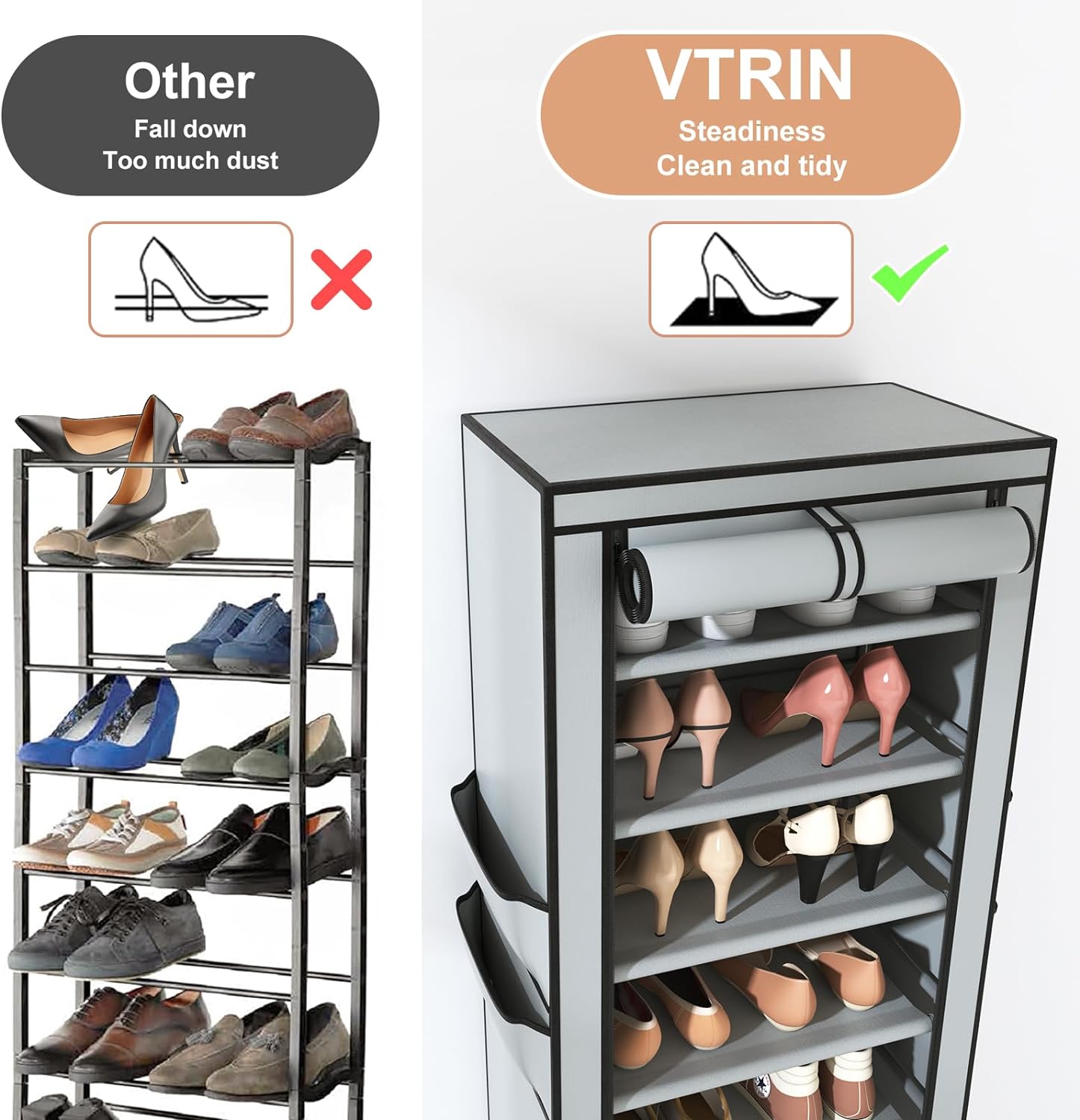 VTRIN 10 Tier Vertical Narrow Shoe Rack Organizer Tall Free Standing Grey
