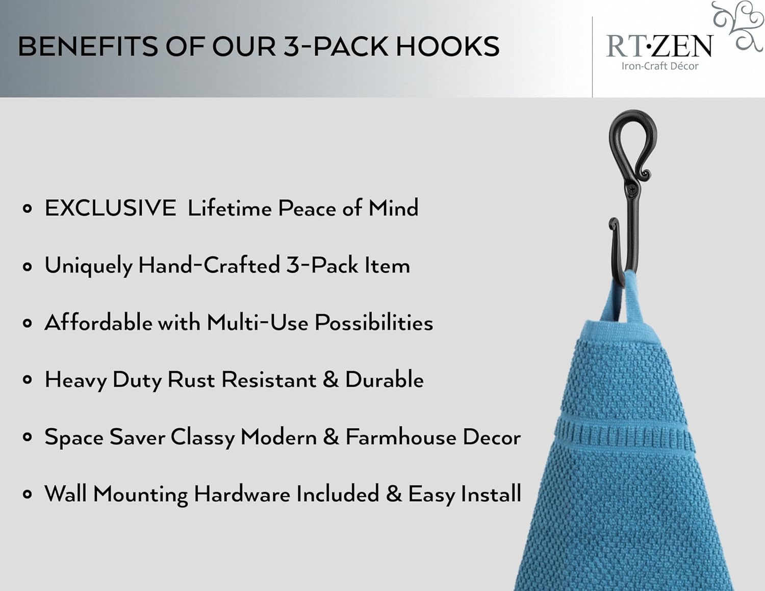 RTZEN Wall Mount Hook Set - 3 Pack Wrought Iron Hooks 1