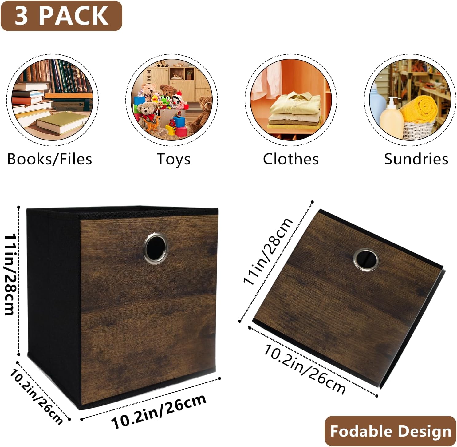 Thickened Fabric Storage Bins with Wood Grain 3 Pack