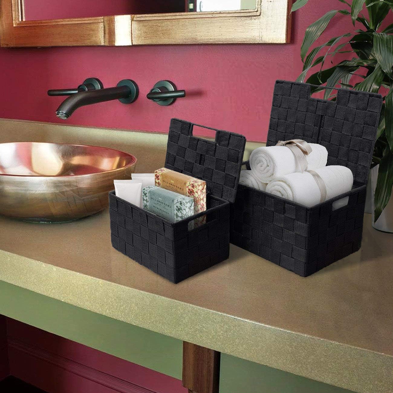 Sorbus Set of 3 Black Woven Storage Baskets with Lids
