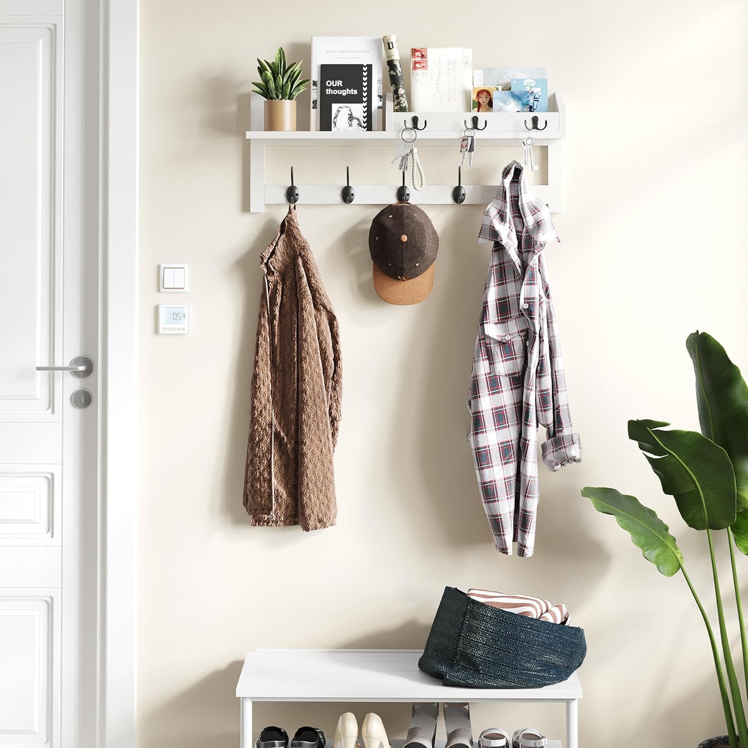 AMBIRD 2657 Inch Wall Shelf With 5 Dual Hooks And 3 Key Hooks