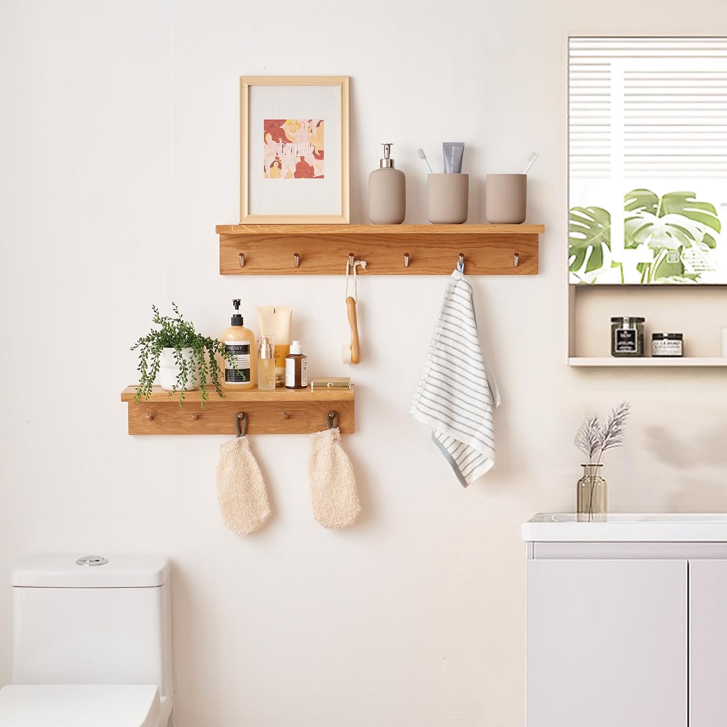 Oak Wood Wall Shelf with 5 Hooks Coat Rack