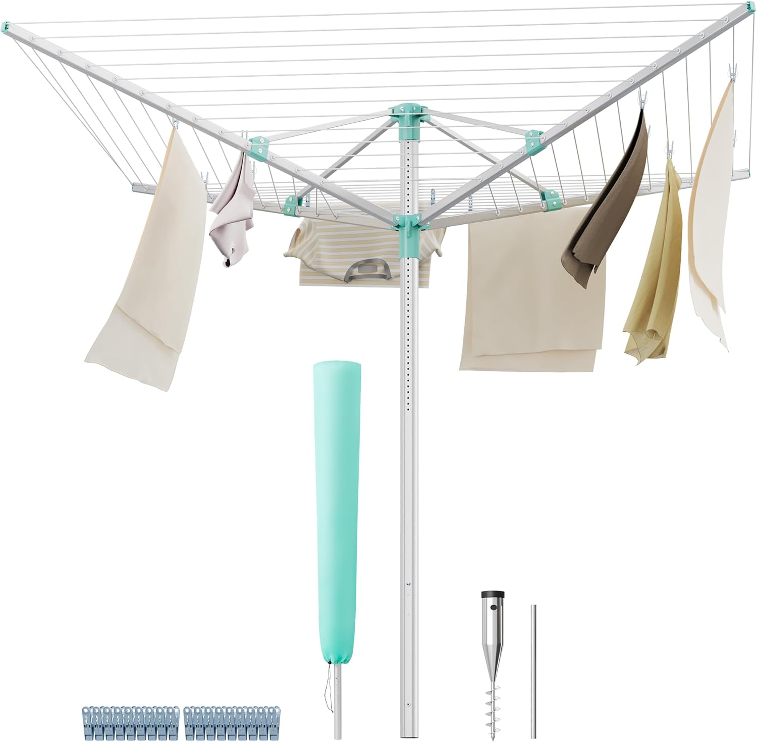 SONGMICS Retractable Clothesline Drying Rack with Ground Spike and Cover