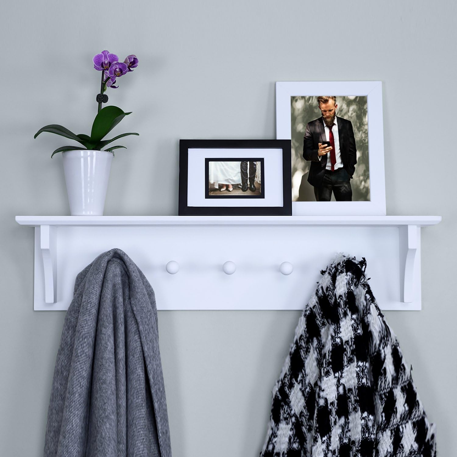 Ballucci Floating Coat and Hat Wall Shelf Rack 5 Pegs 24 White