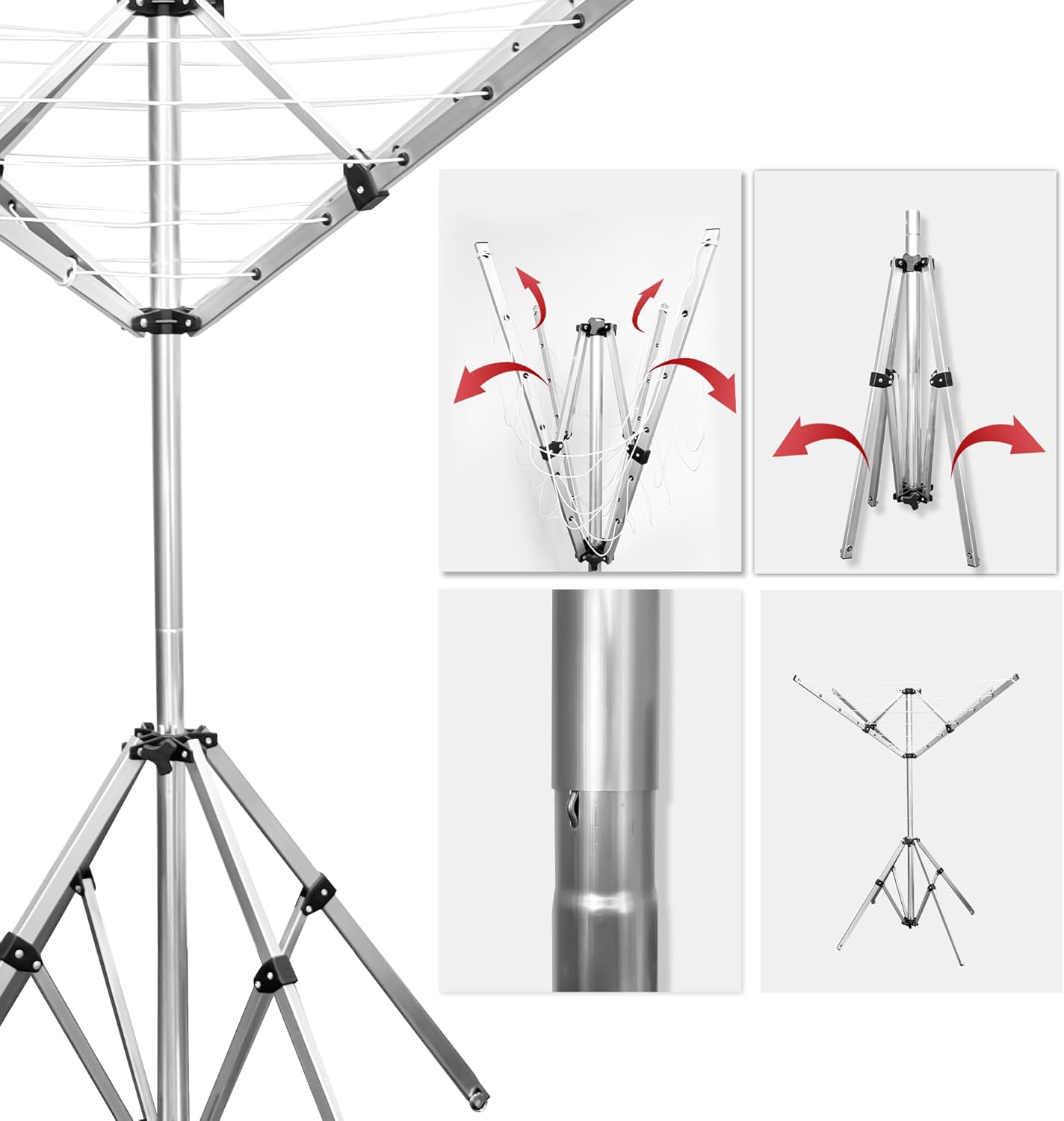 4-arm Telescopic Aluminum Drying Rack with 28 Ropes and Windproof Rotating Design
