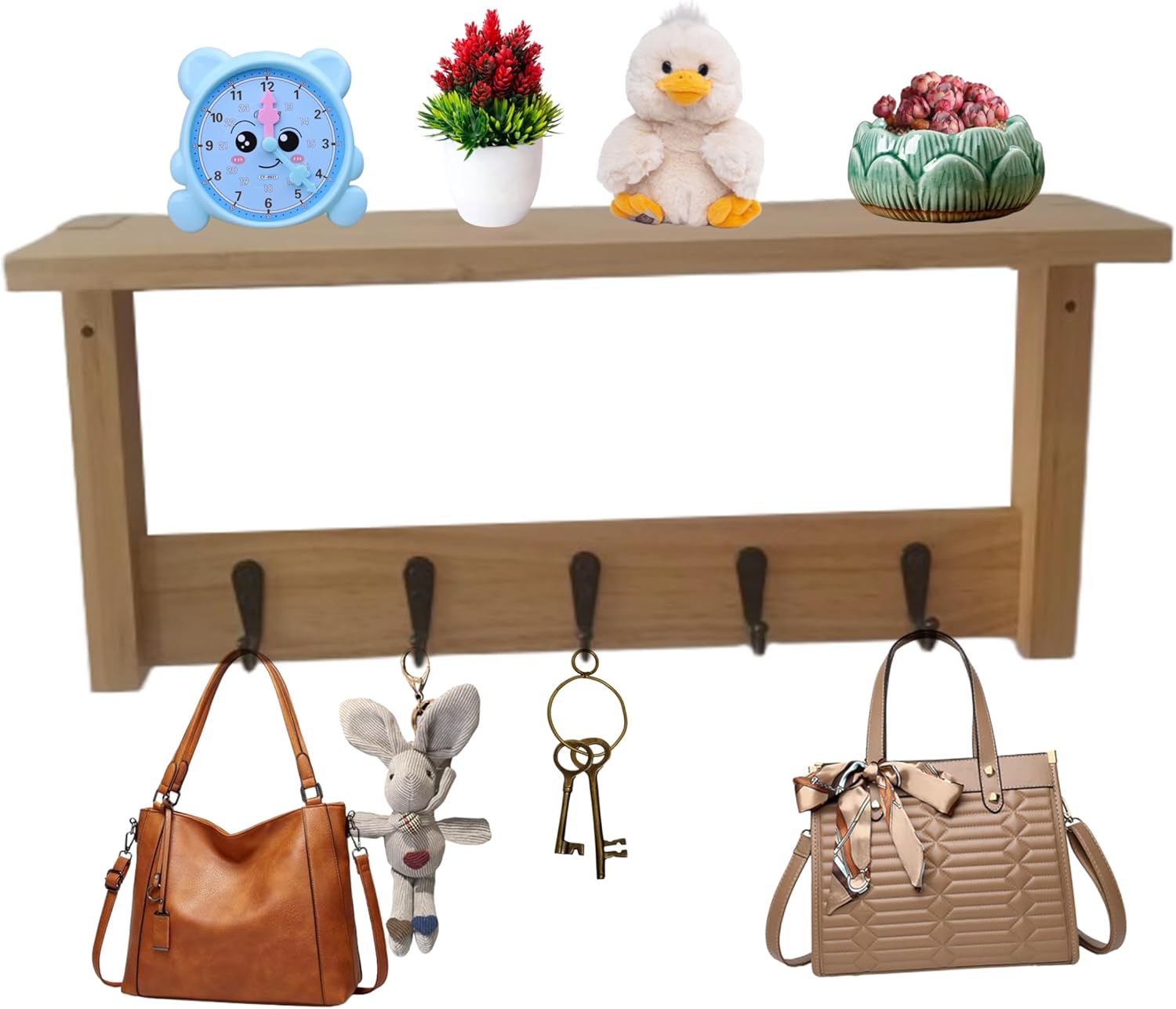 Wall Shelf with Hooks - Multi-Purpose Coat Rack and Key Holder