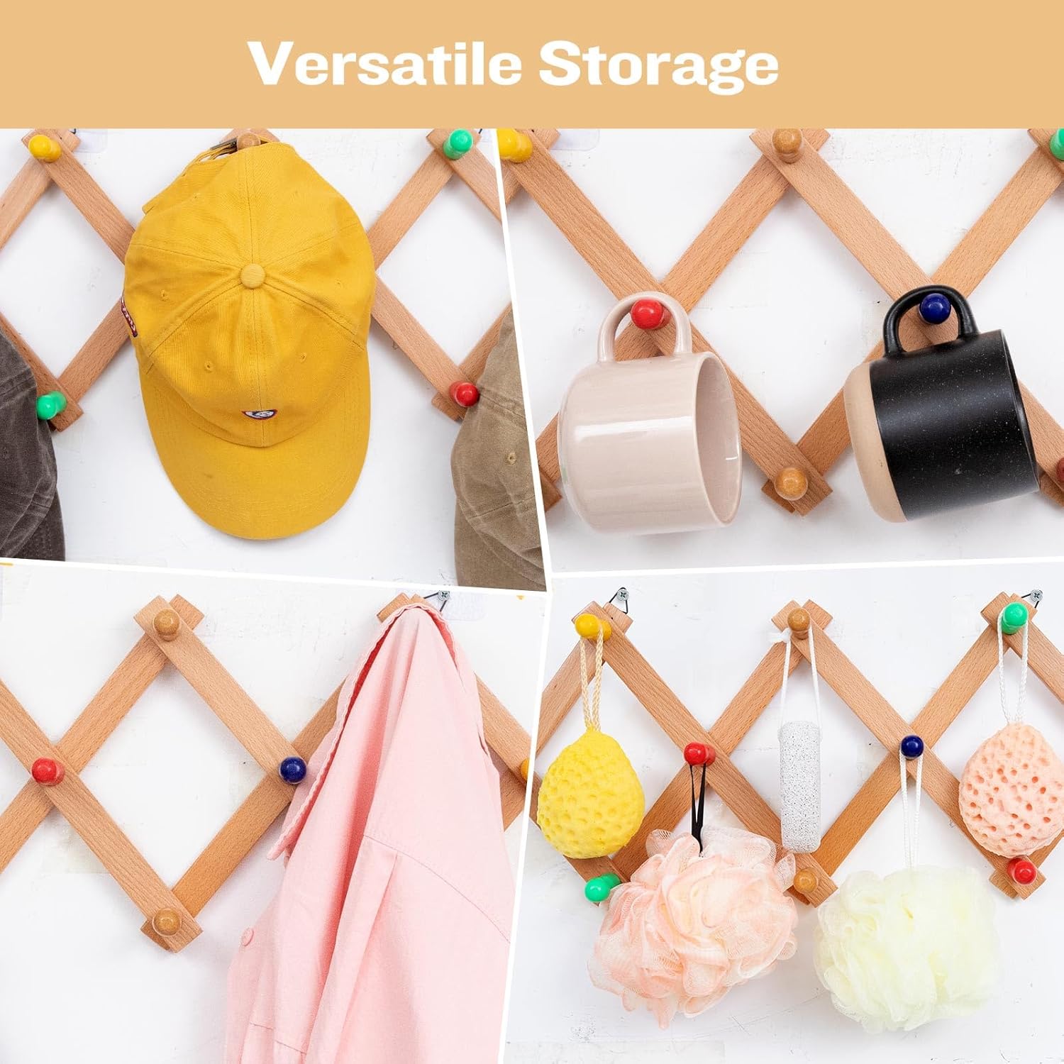Expandable Wall Hat Rack with 10 Colorful Hooks