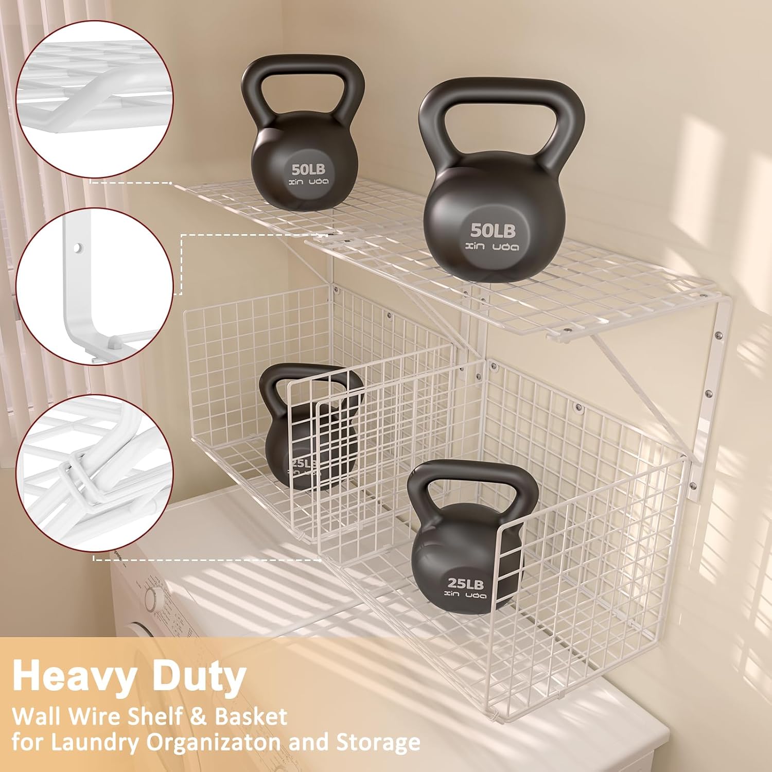2 Pack Laundry Room Wall Shelves with Wire Baskets and 8 Hooks - White