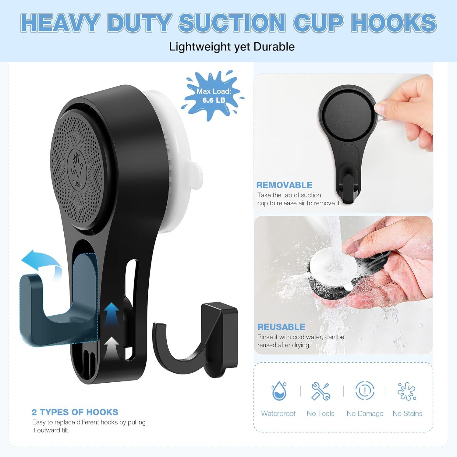 VISV Shower Suction Cup Hooks 2 Pcs Black