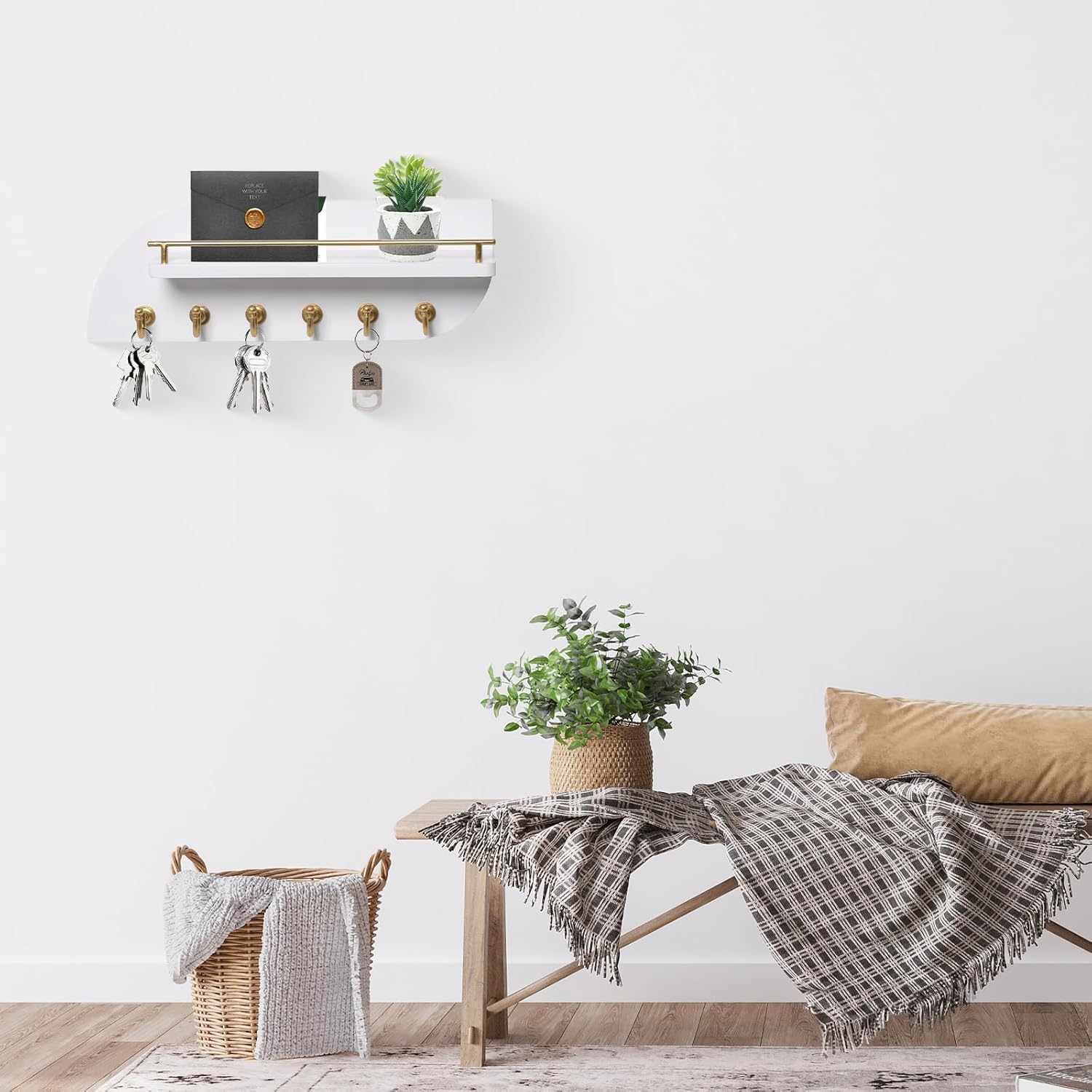 Karisky Key Holder for Wall Decorative Key and Mail Organizer with 6 Sturdy Metal Hooks and Floating Shelf