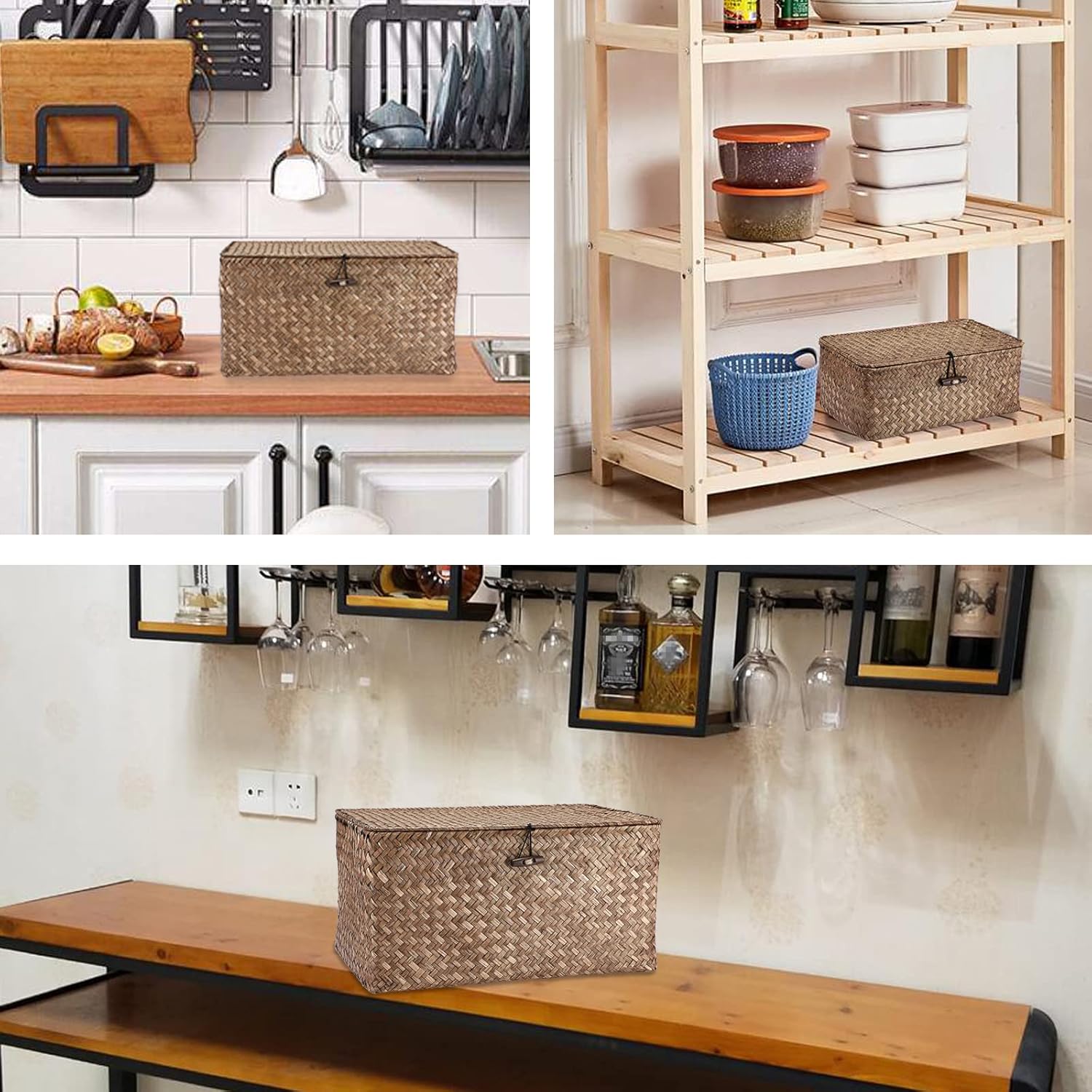 Hipiwe Wicker Shelf Basket with Lid Storage Bin