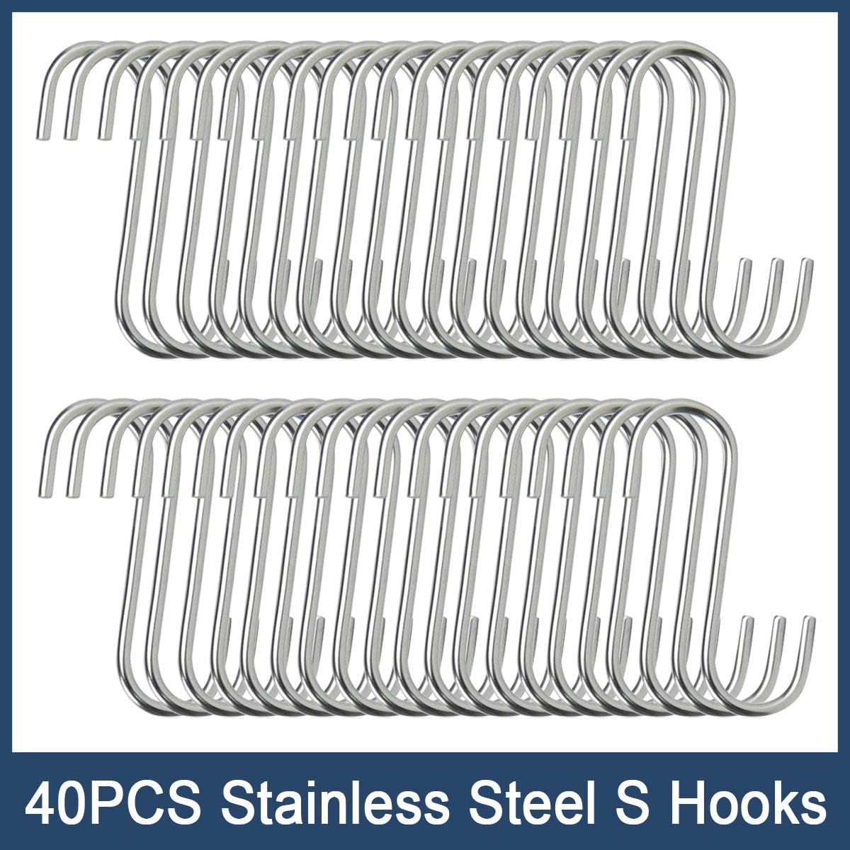 40 Pack S Hooks - Heavy Duty Stainless Steel Hooks for Kitchen Bathroom Closet Workshop Use