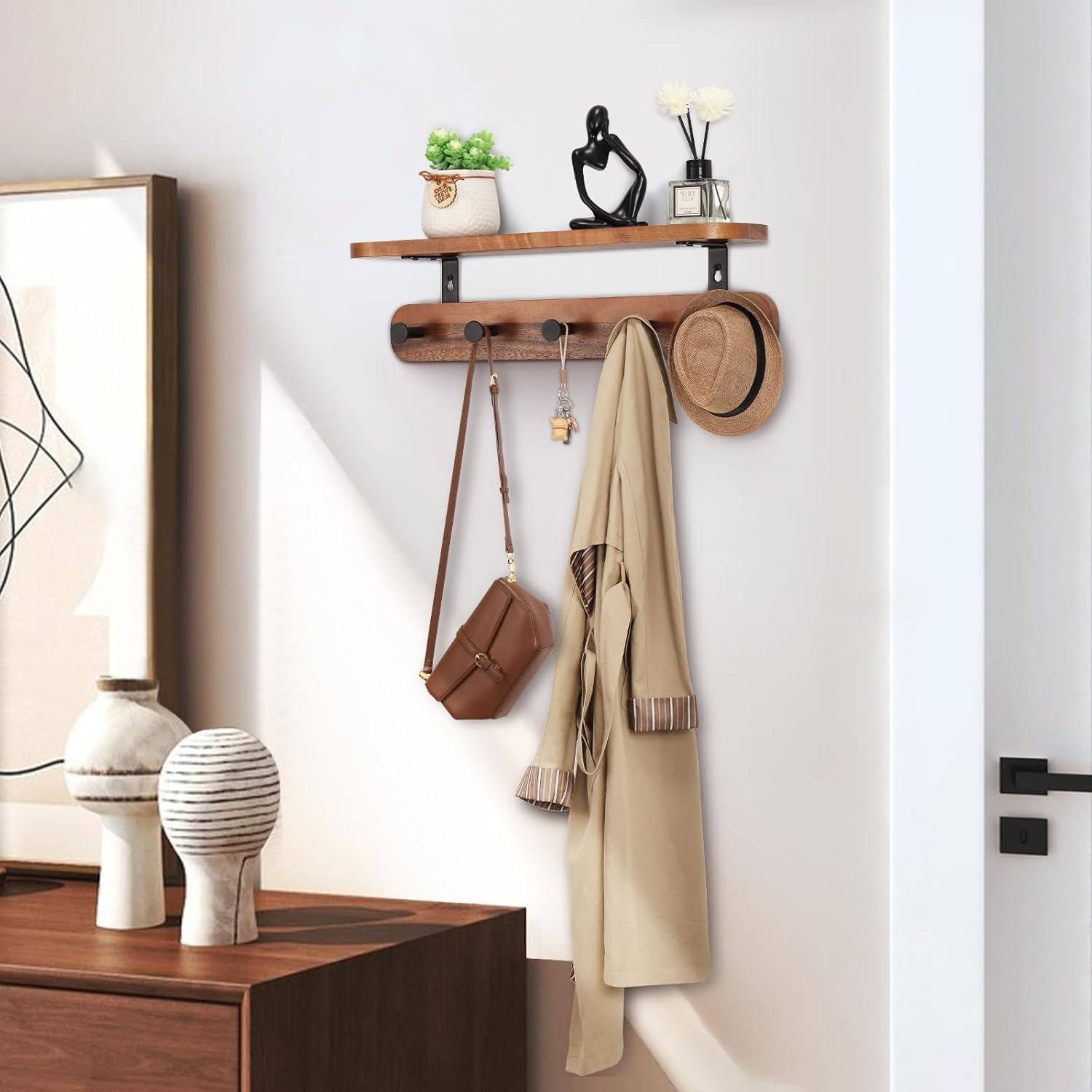 Walnut Wall Shelf with 5 Hooks for Entryway Storage