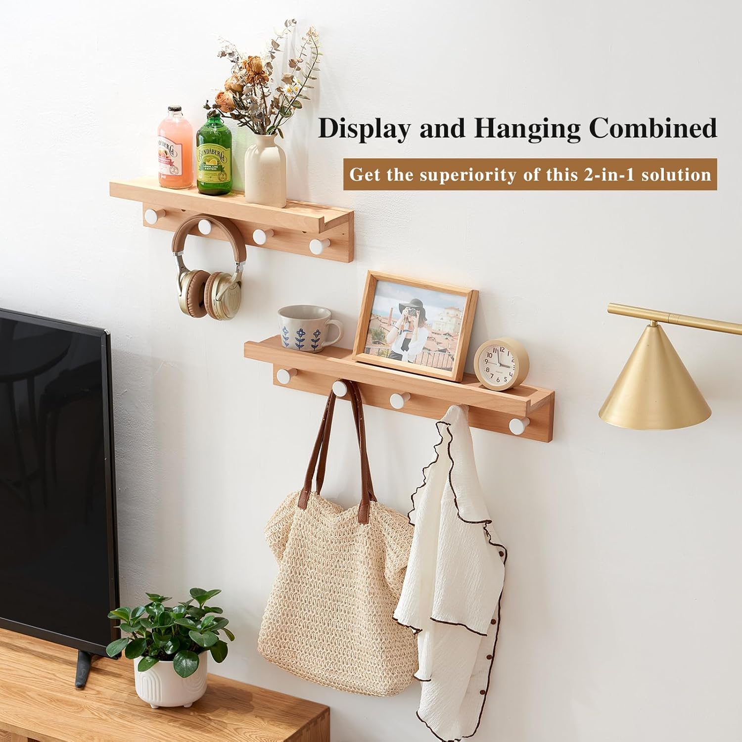 Beech Wood Wall Hooks with Shelf 19 Inch
