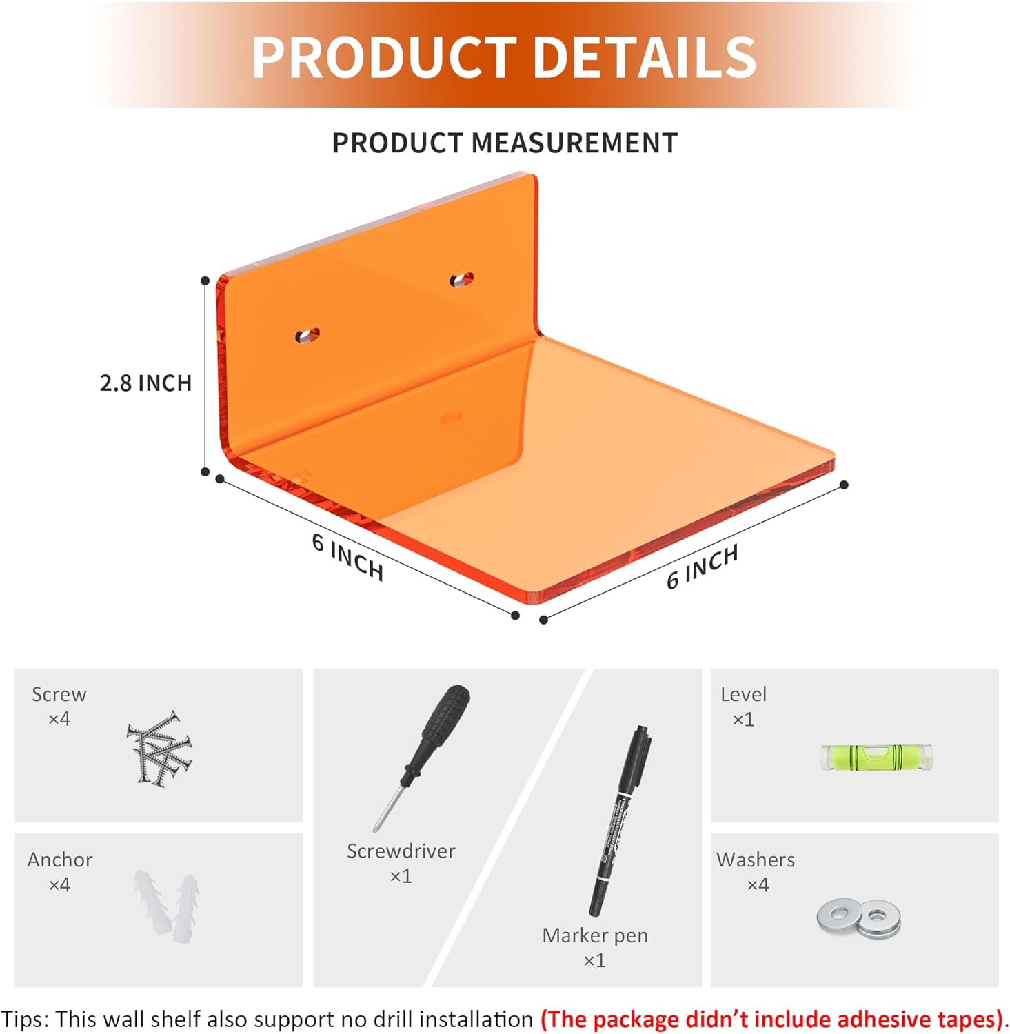 6 Inches Orange Wall Shelves Set of 2