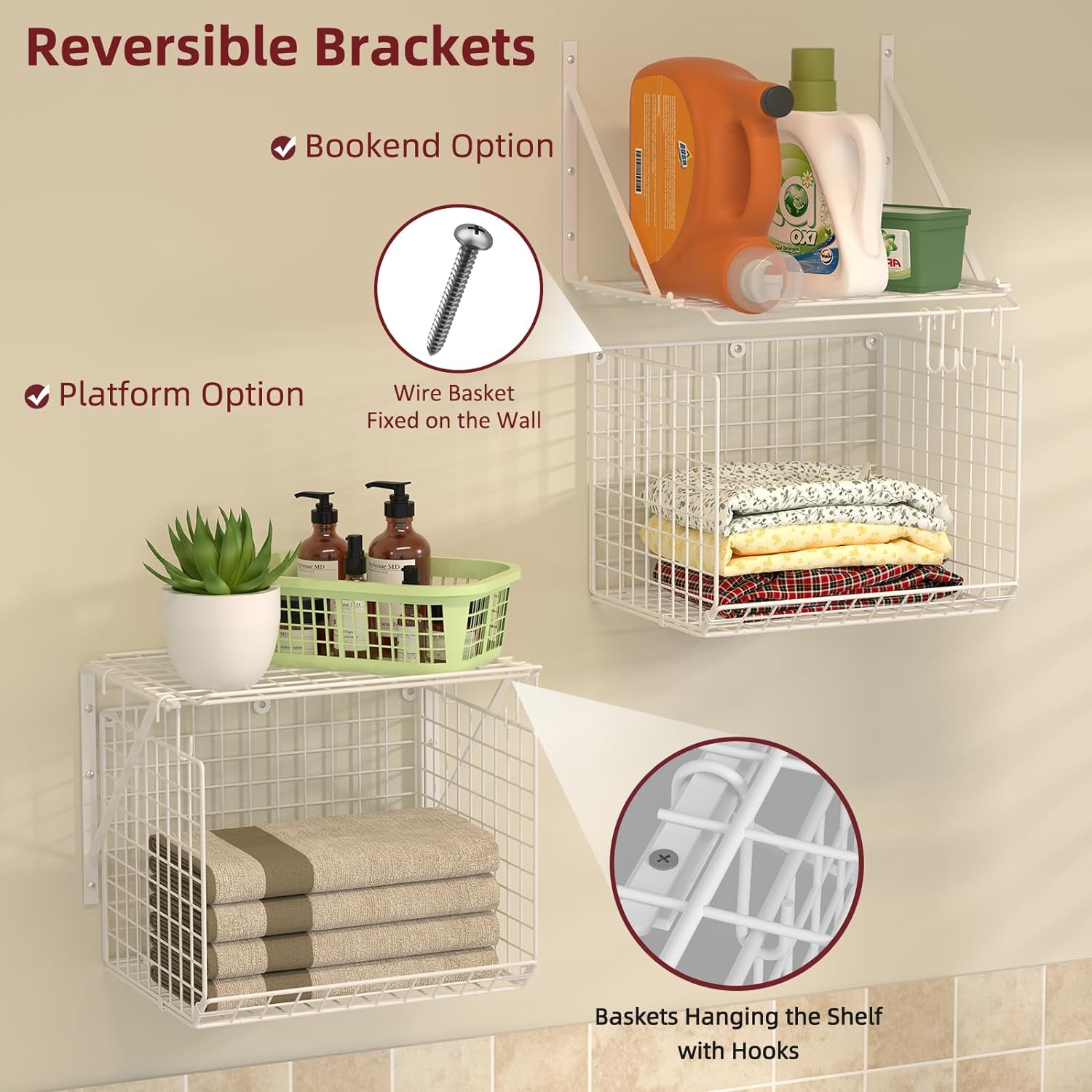 2 Pack Laundry Room Wall Shelves with Wire Baskets and 8 Hooks - White