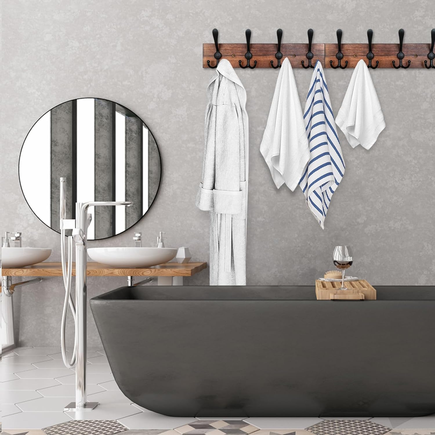 IBosins Wall Mounted Coat Rack with 8 Black Tri Hooks
