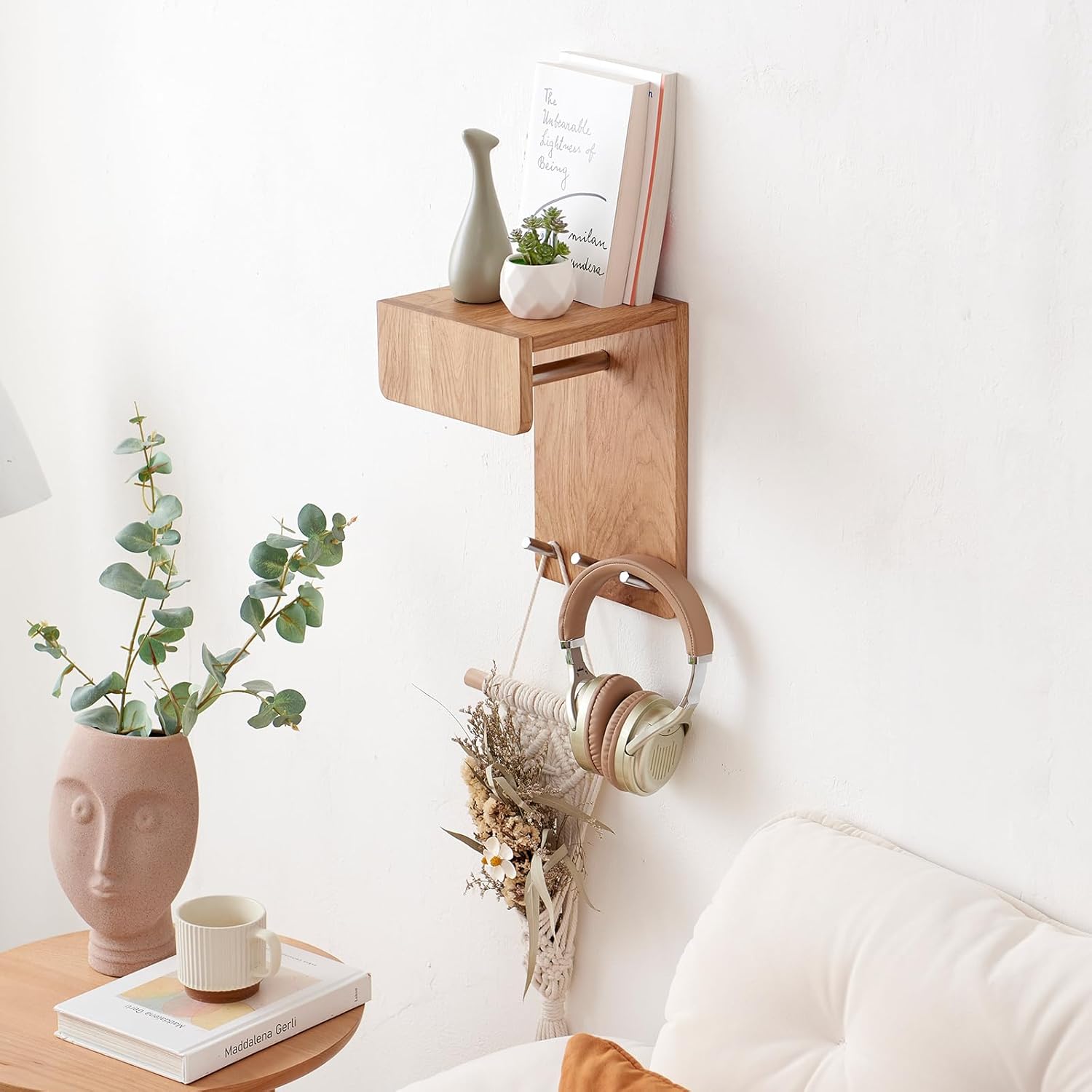 Oak Wood Wall Mounted Coat Rack with 3 Hooks and Floating Shelf