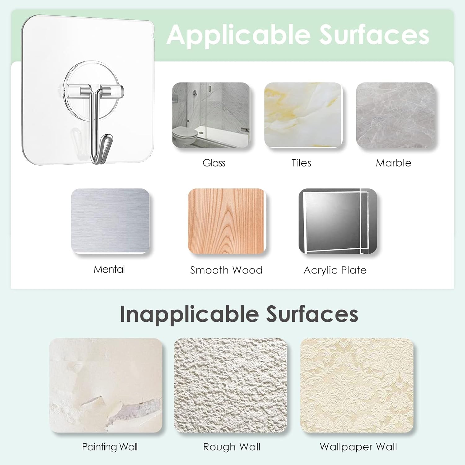 Sticky Wall Hooks 13 lb Clear Removable for Shower Ceiling Kitchen