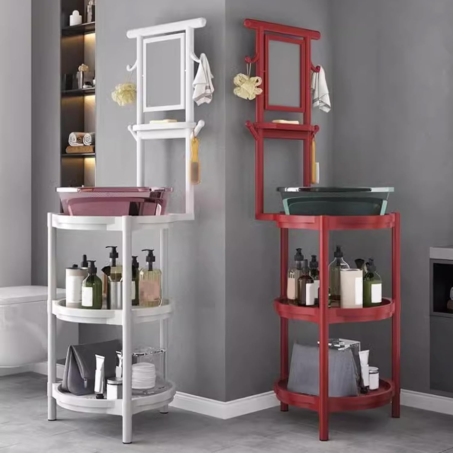Round Square Bathroom Storage Shelf with Rotatable Mirror