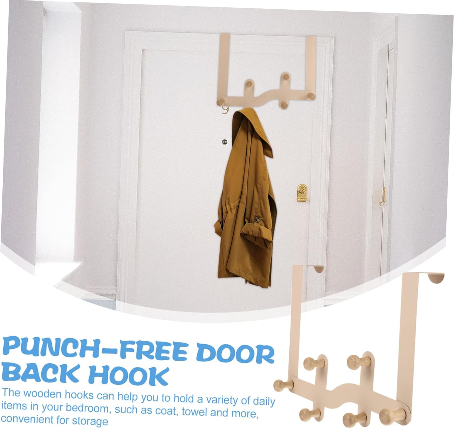 Cabilock Door Clothes Hanger Organizer with 6 Wooden Hooks No Drill Easy Installation