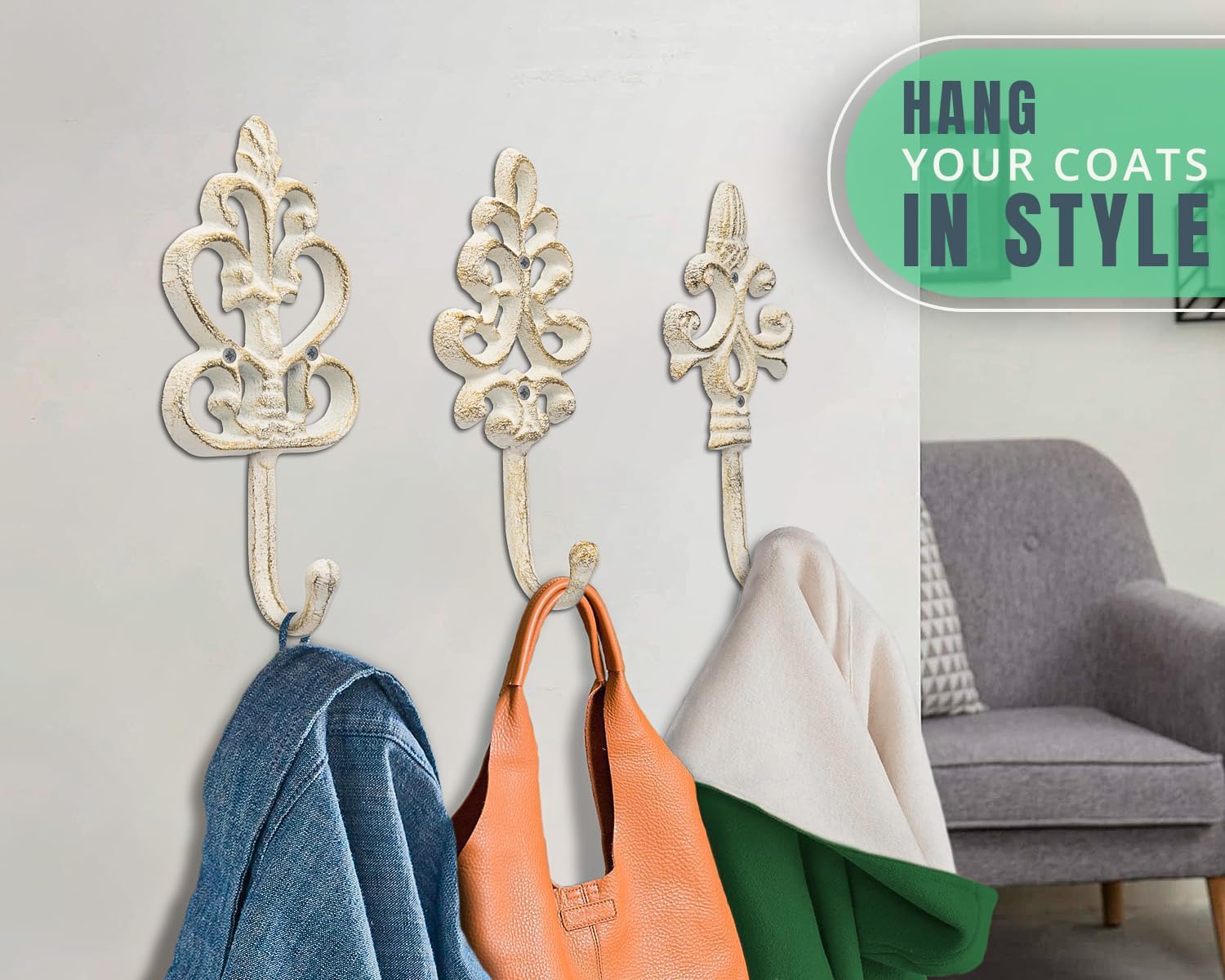 Shabby Chic Wall Hooks Set of 3 Cast Iron White