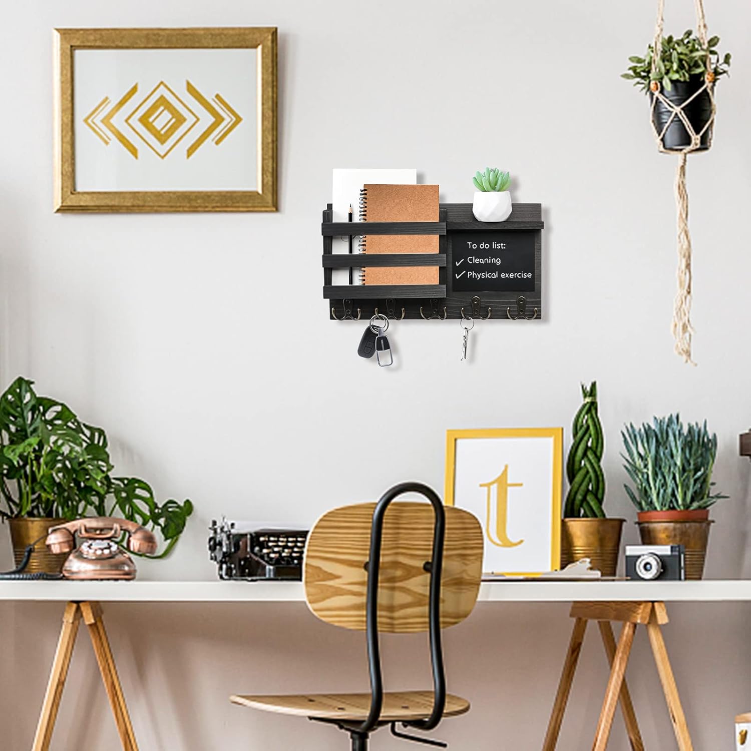 HRONRAD Wall Key Holder with Floating Shelf and Chalkboard