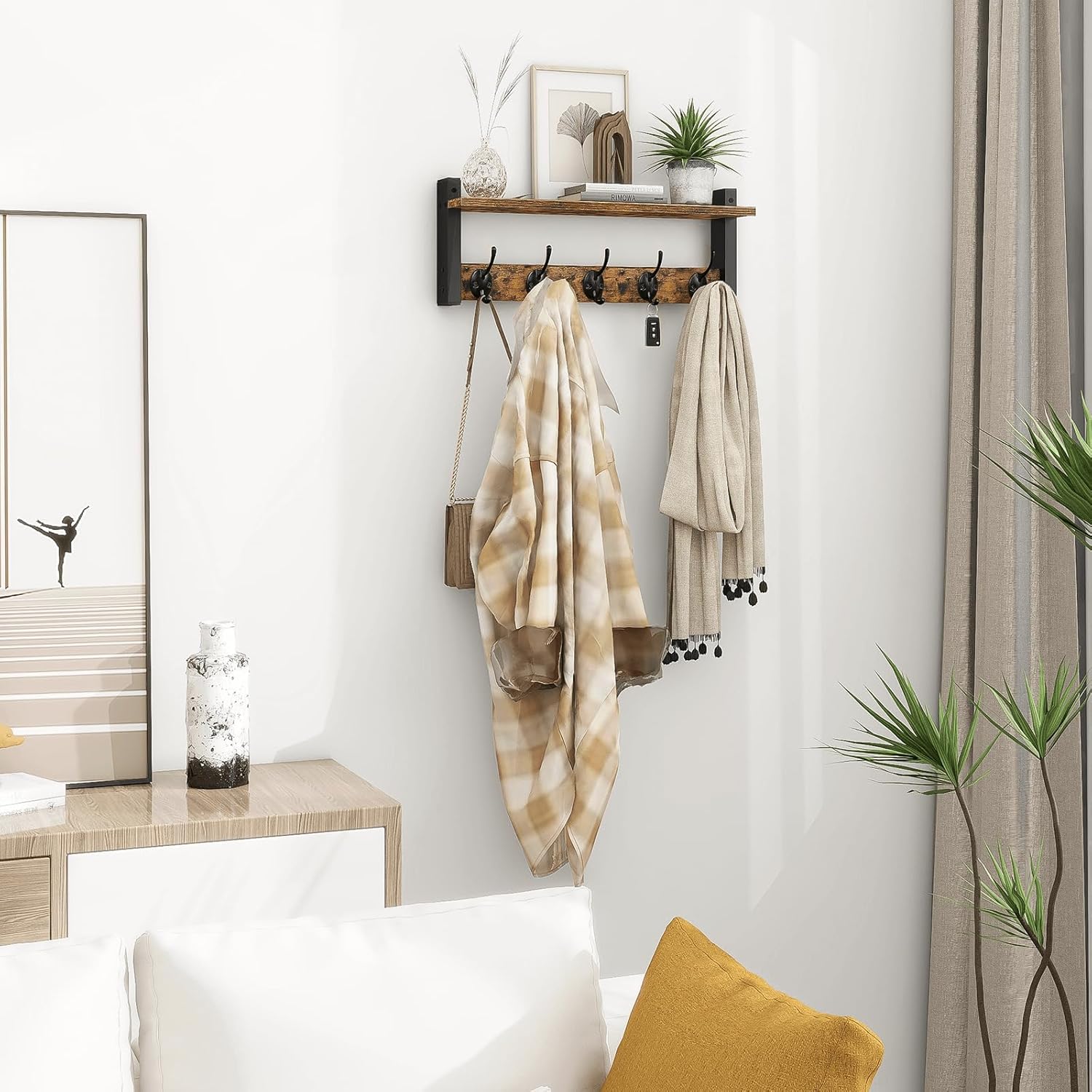 Homode Wall Hooks with Shelf Rack 5 Metal Hooks for Entryway Bathroom Bedroom Hallway