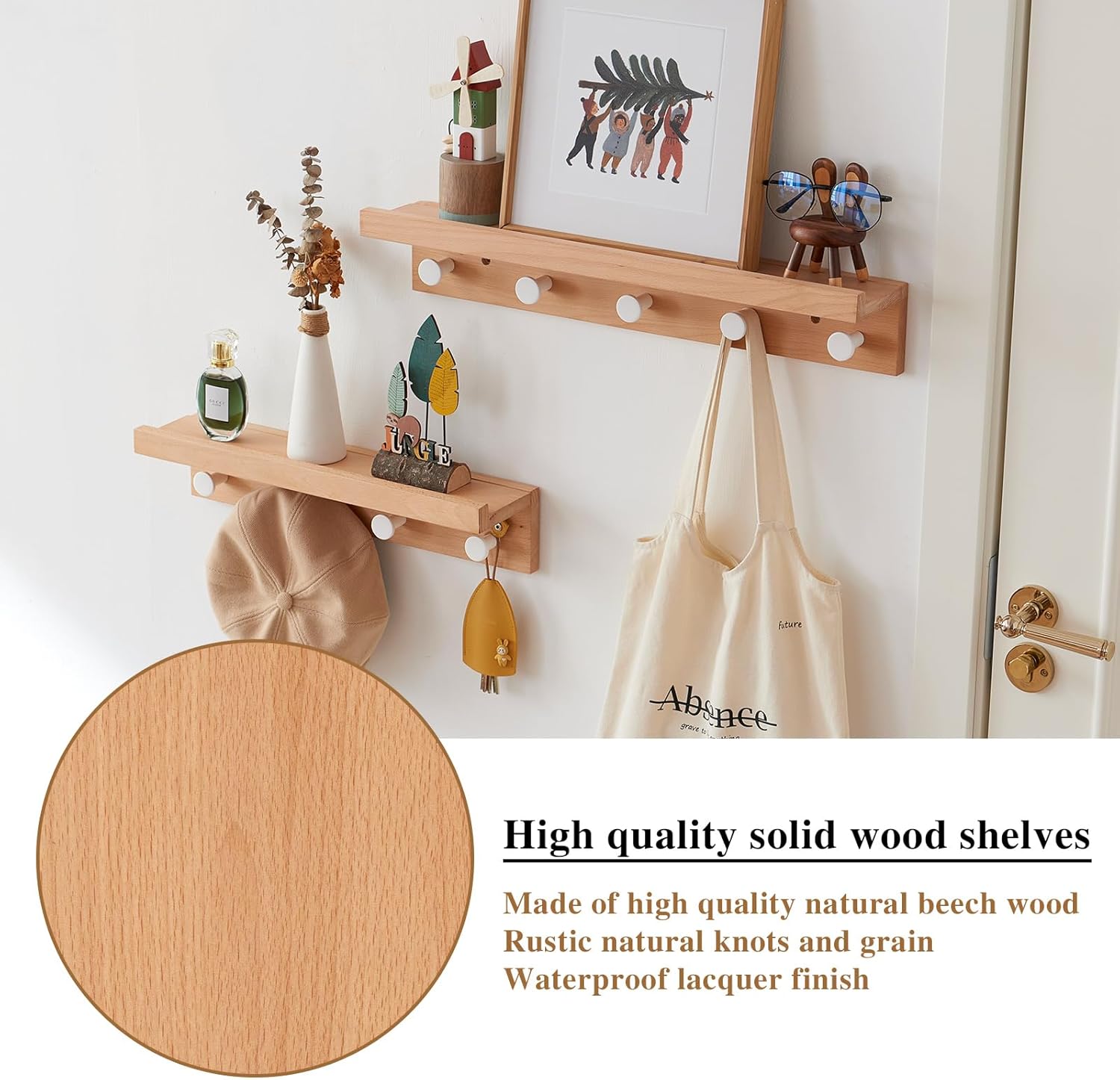 Beech Wood Wall Hooks with Shelf 19 Inch
