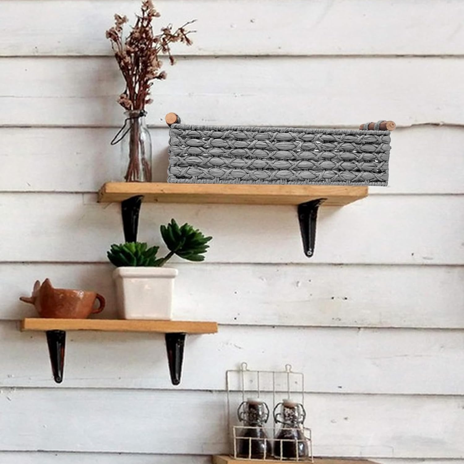 Handmade Wicker Storage Basket with Handle - Light Grey