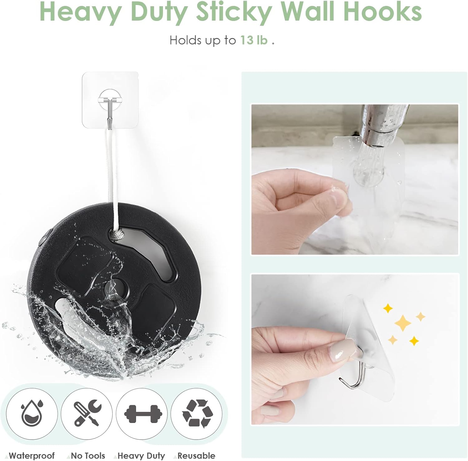 Sticky Wall Hooks 13 lb Clear Removable for Shower Ceiling Kitchen
