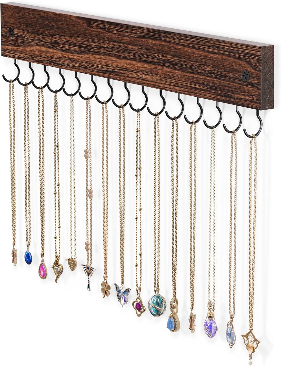 Lolalet Wooden Necklace Holder Wall Mount with 15 Hooks