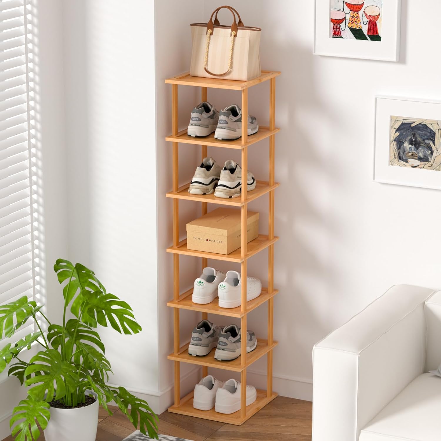 Bamboo 7 Tier Free Standing Shoe Rack for Entryway Closet