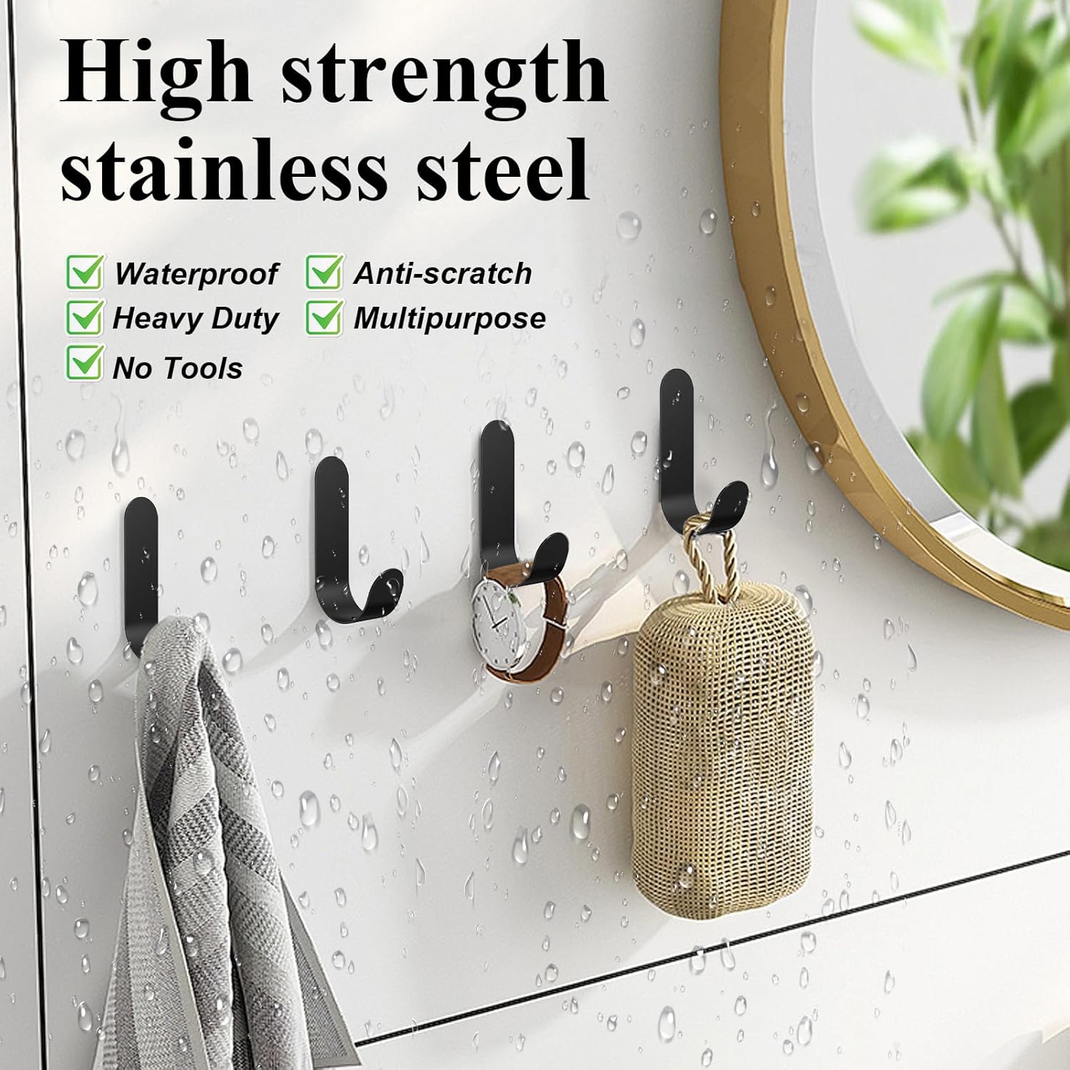 ATDOALL Adhesive Towel Hooks 20PCS Stainless Steel Wall Hooks Black