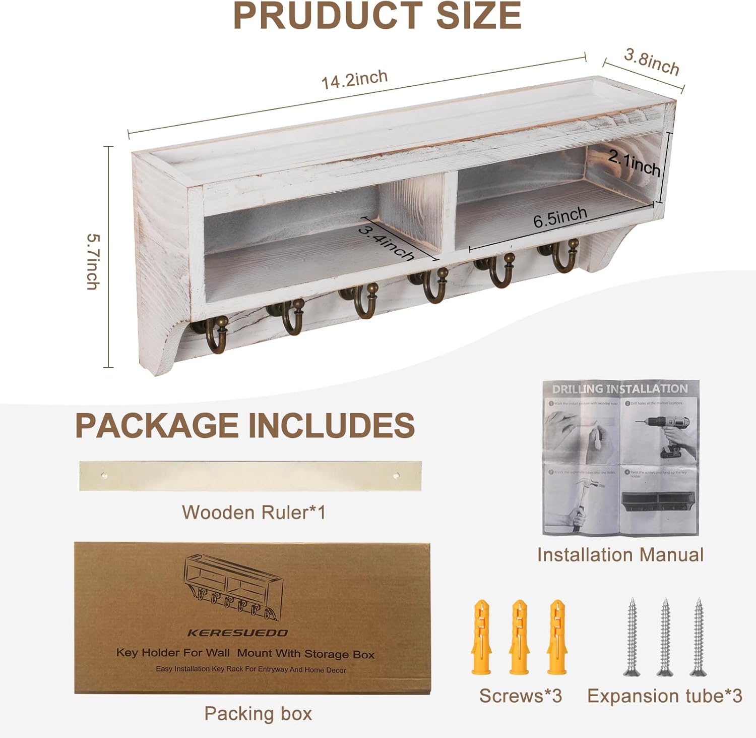 Key Holder Wall Mount with 6 Hooks and Storage Box