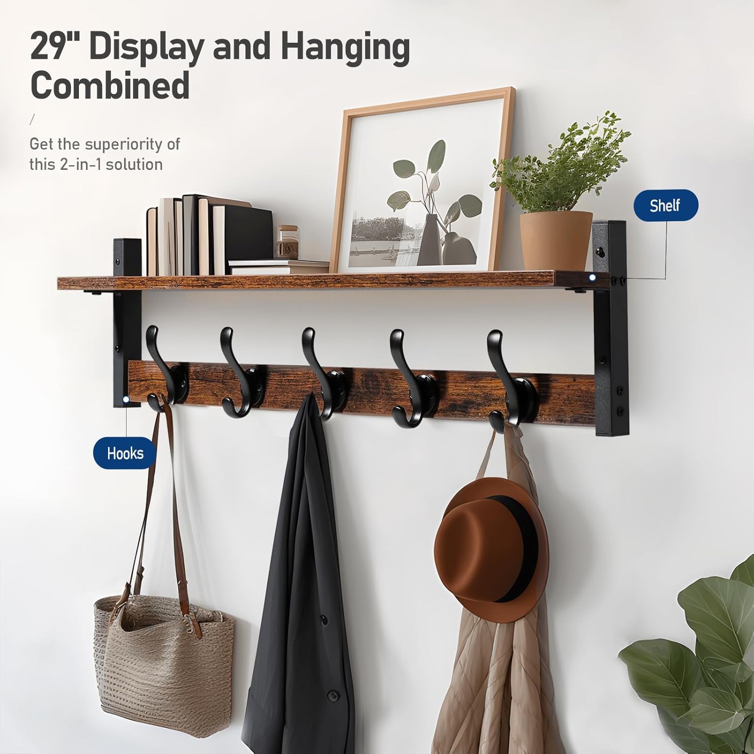 Tatub 29 Inch Rustic Black Coat Rack Wall Mount with Shelf